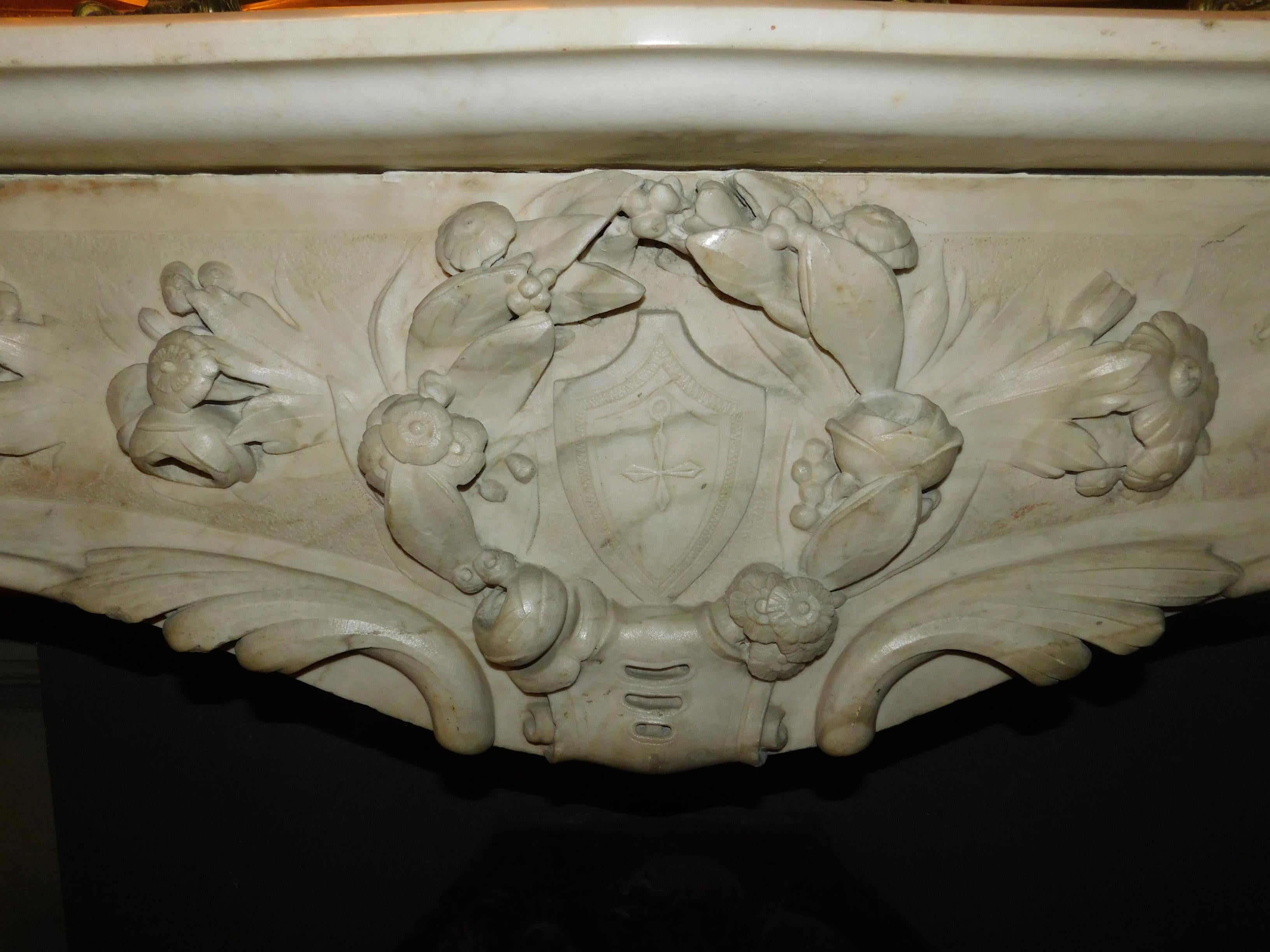 Antique Fireplace Mantle White Carrara Marble, Richly Carved, 19th Century Italy For Sale 4