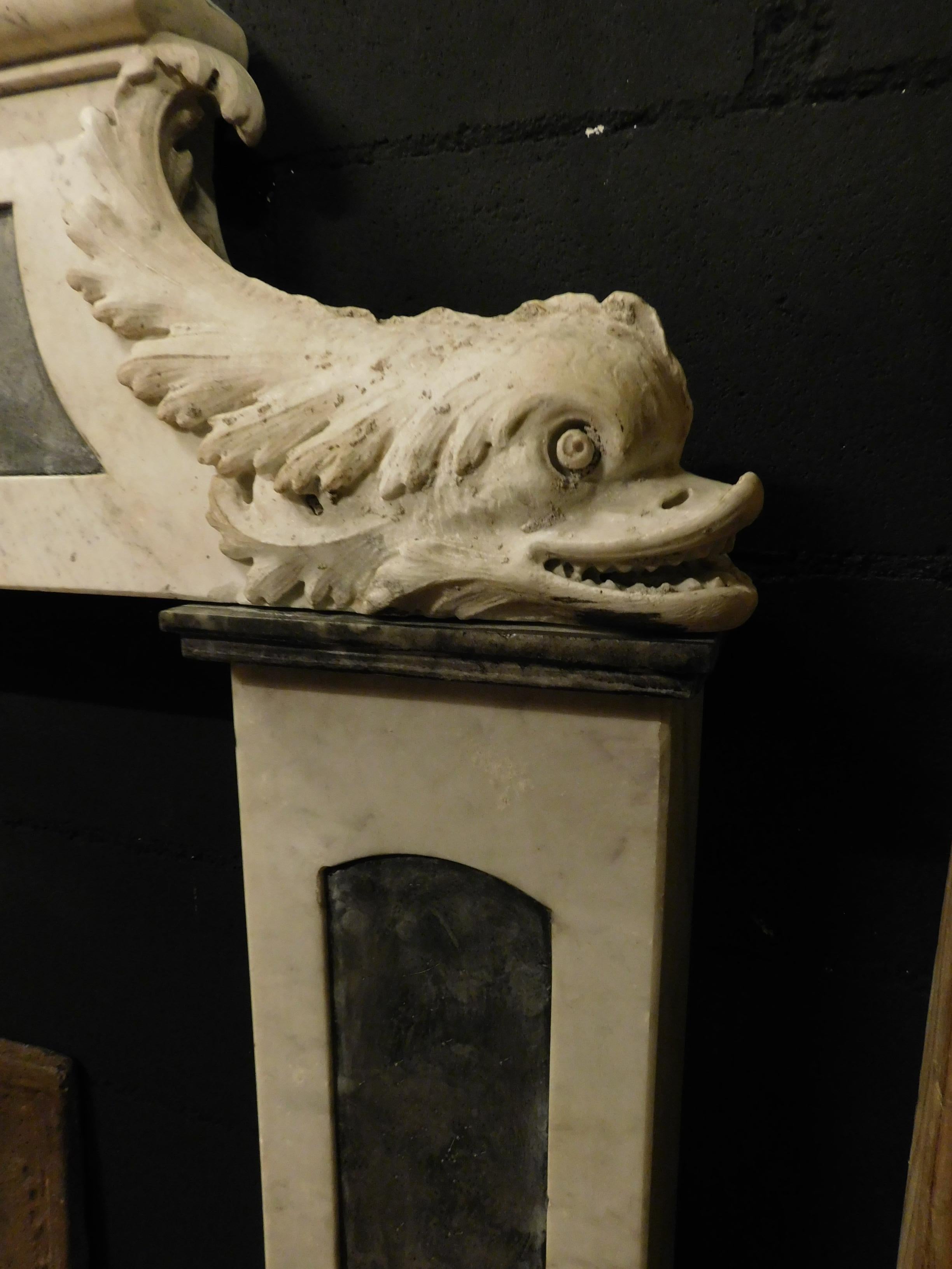 Antique Fireplace Mantle White Carrara Marble, Tritons, Slate Inlays, '800 Italy 5