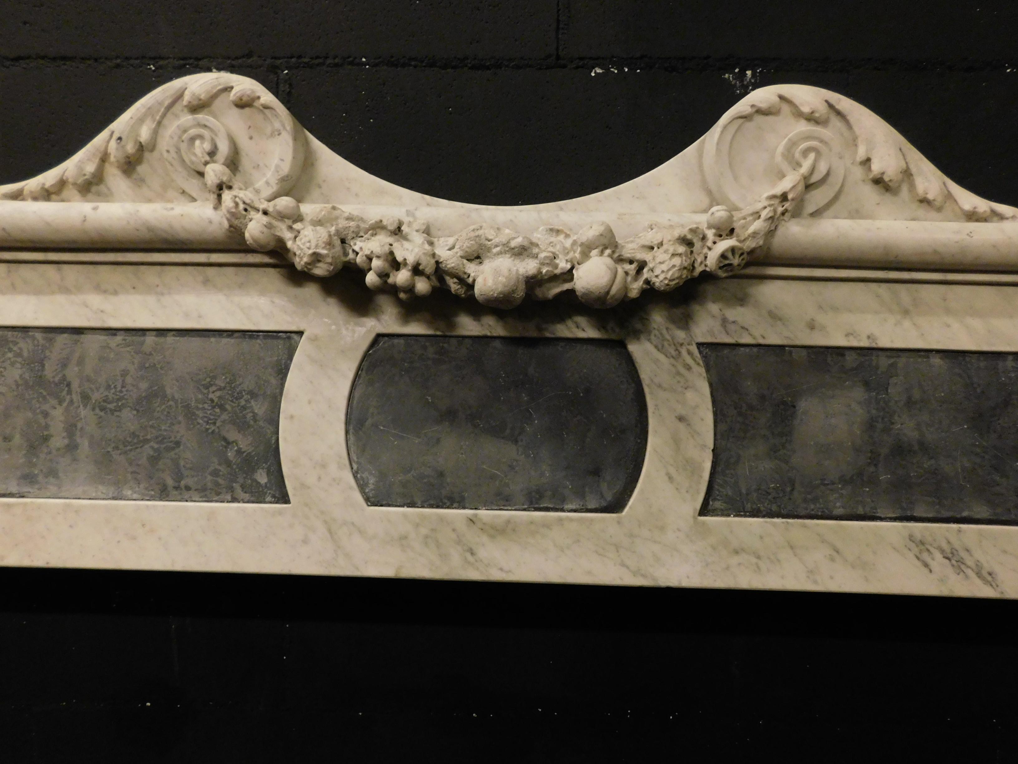 Italian Antique Fireplace Mantle White Carrara Marble, Tritons, Slate Inlays, '800 Italy