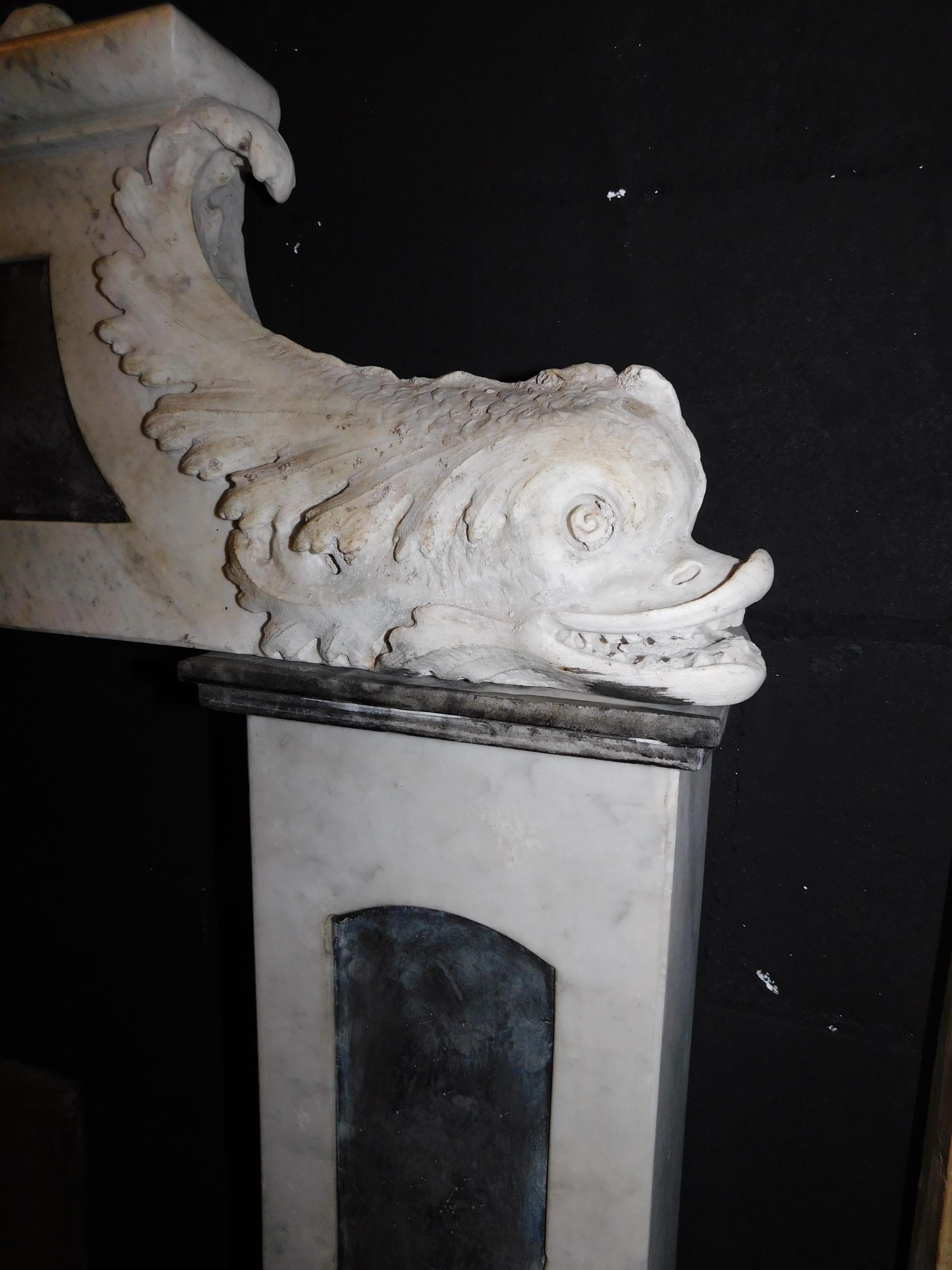 Hand-Carved Antique Fireplace Mantle White Carrara Marble, Tritons, Slate Inlays, '800 Italy