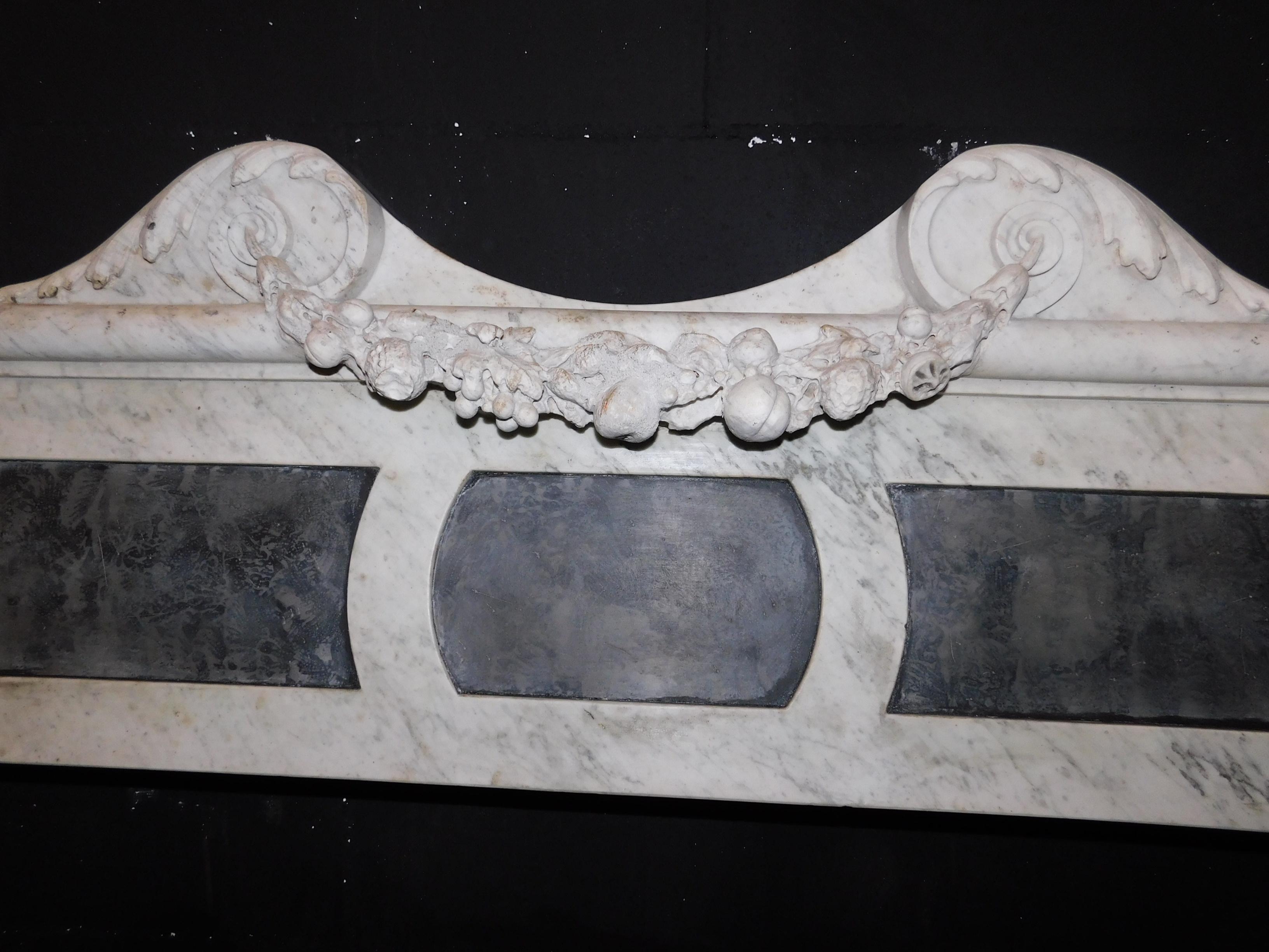 Antique Fireplace Mantle White Carrara Marble, Tritons, Slate Inlays, '800 Italy In Good Condition In Cuneo, Italy (CN)
