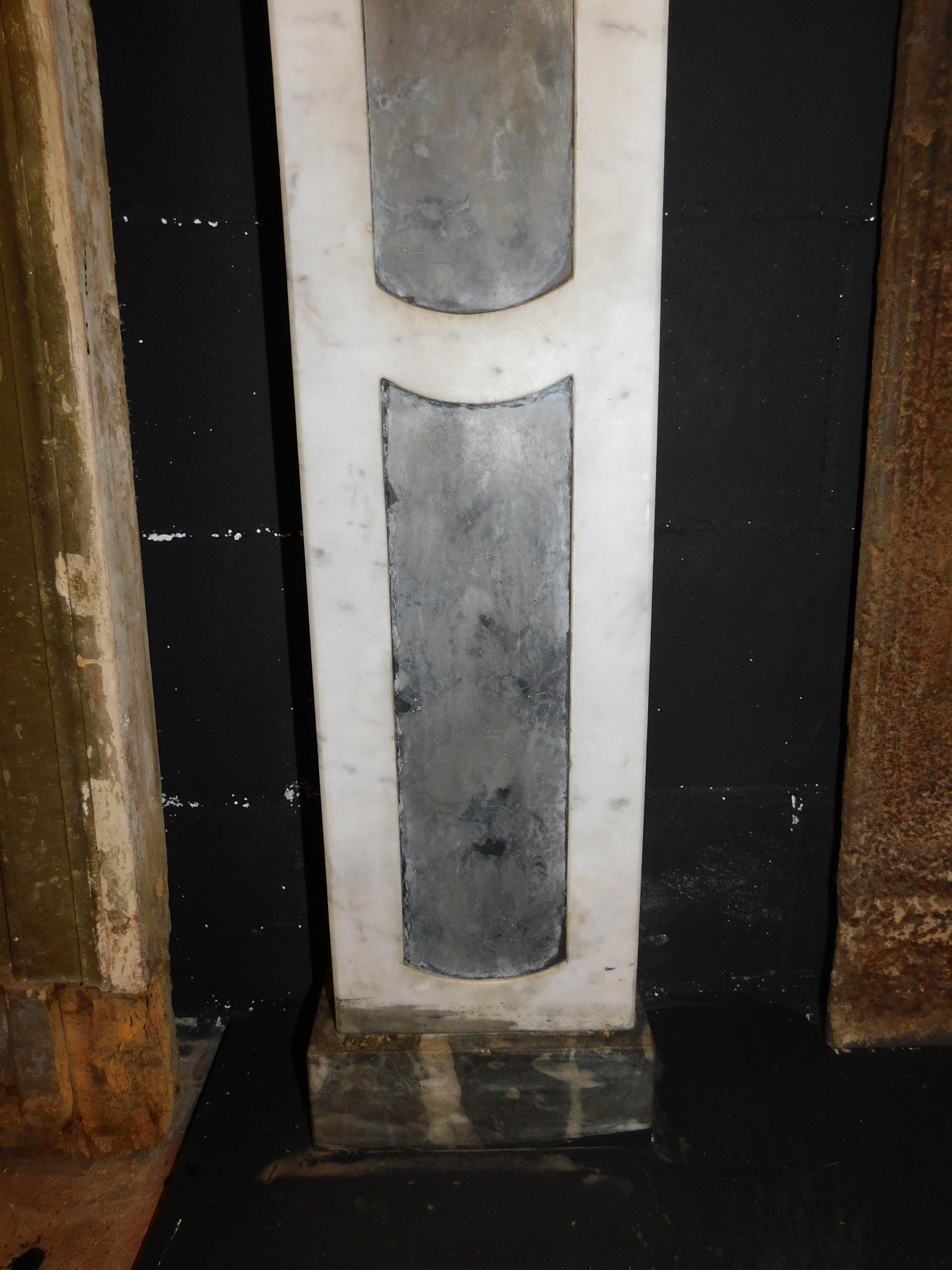 19th Century Antique Fireplace Mantle White Carrara Marble, Tritons, Slate Inlays, '800 Italy