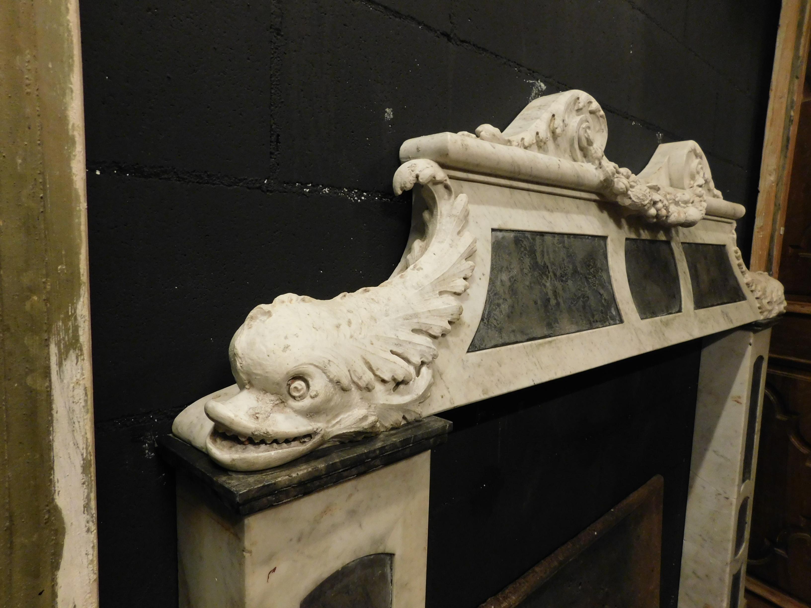Antique Fireplace Mantle White Carrara Marble, Tritons, Slate Inlays, '800 Italy 1