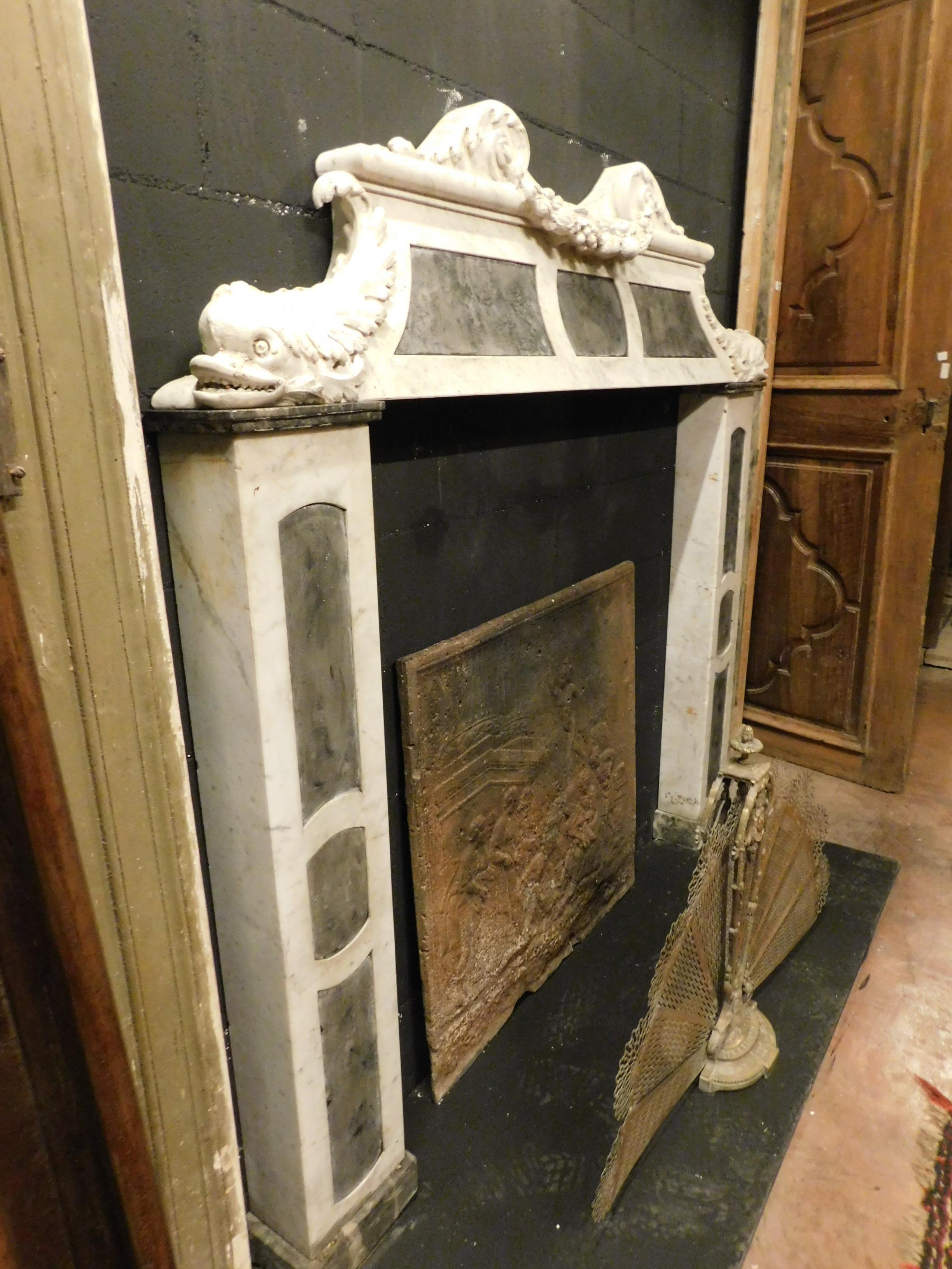 Antique Fireplace Mantle White Carrara Marble, Tritons, Slate Inlays, '800 Italy 2