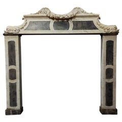 Antique Fireplace Mantle White Carrara Marble, Tritons, Slate Inlays, '800 Italy