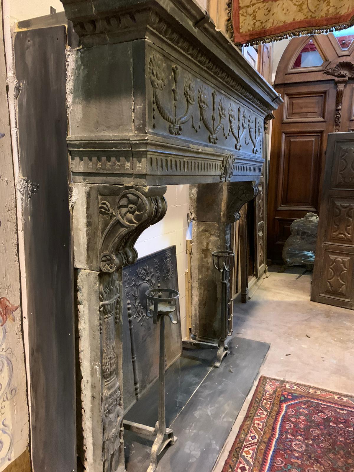 Antique Fireplace Mantle with Richly Carved Slate Stone, 16th Century Italy 4