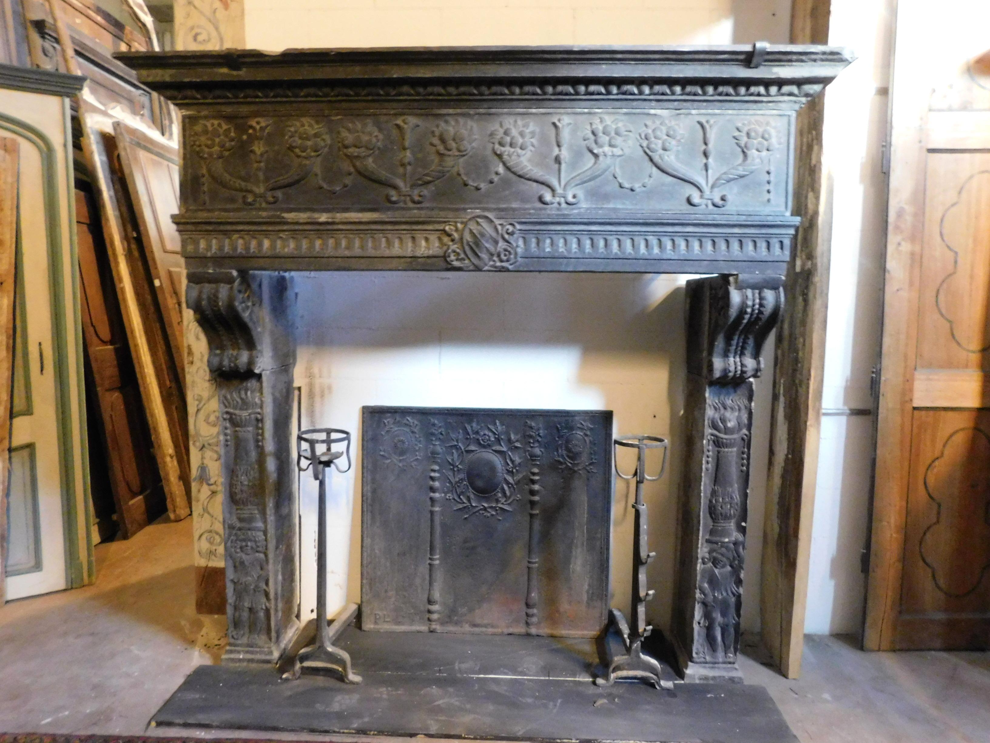 Italian Antique Fireplace Mantle with Richly Carved Slate Stone, 16th Century Italy