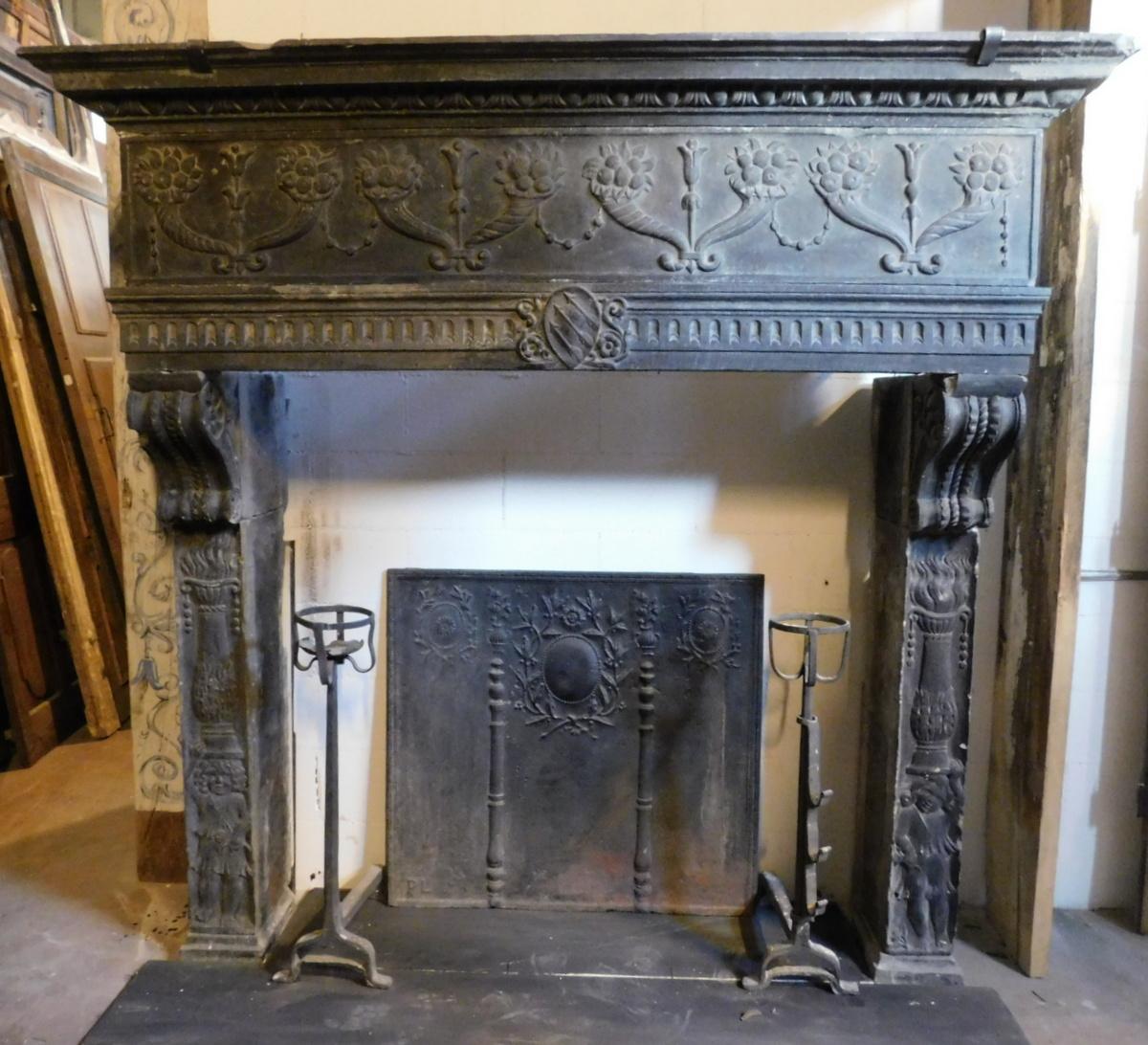 Hand-Carved Antique Fireplace Mantle with Richly Carved Slate Stone, 16th Century Italy