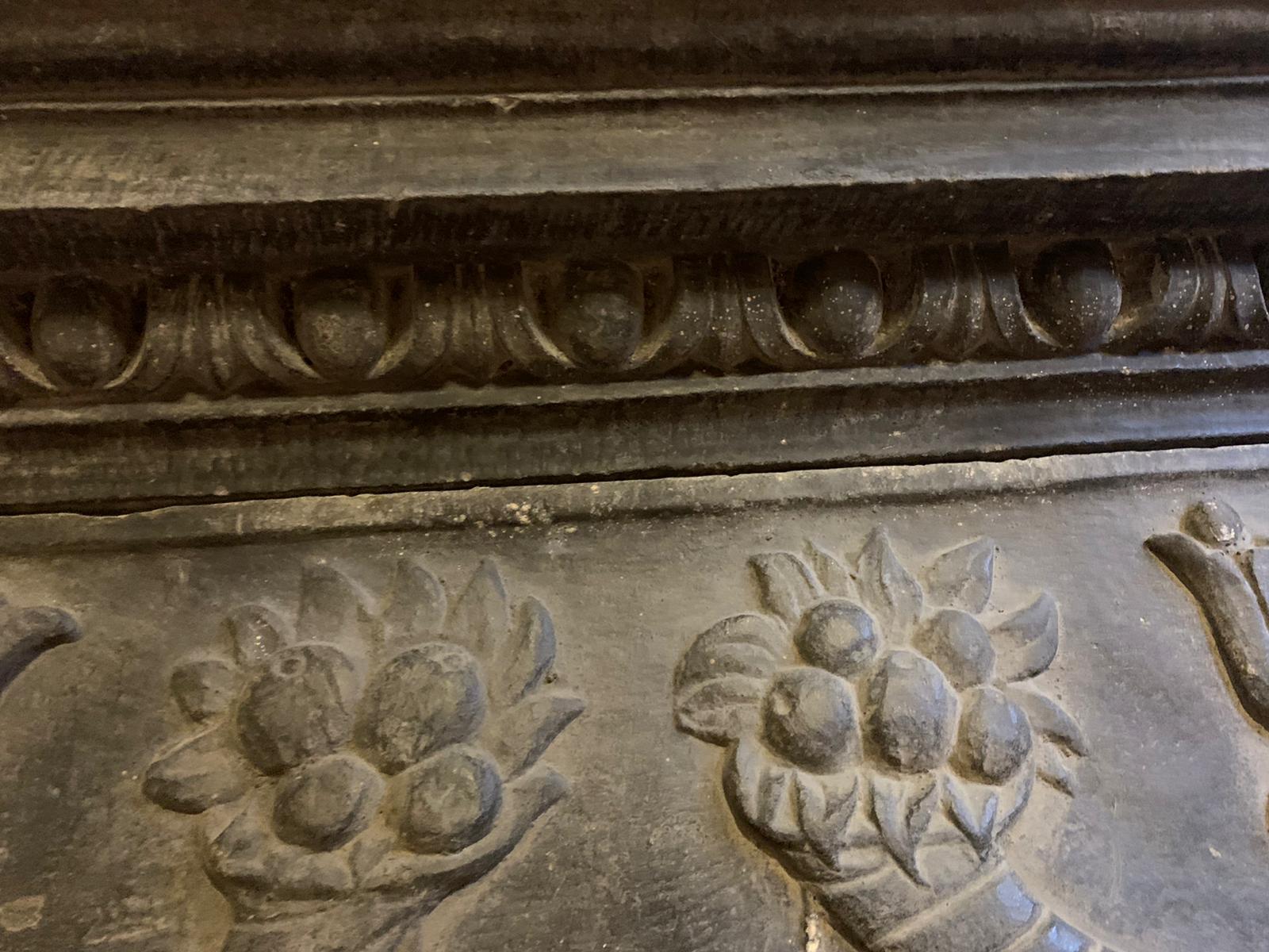 18th Century and Earlier Antique Fireplace Mantle with Richly Carved Slate Stone, 16th Century Italy