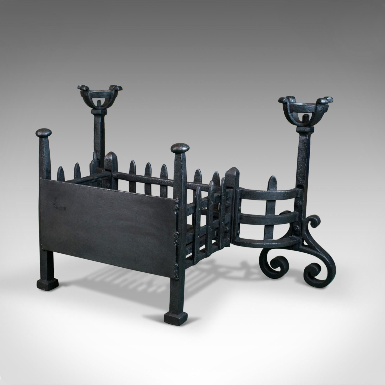 Victorian Antique Fireplace, Medieval Style, Cup Dogs, English Iron, circa 1900