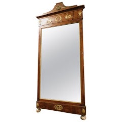 Antique Fireplace Mirror 1800, Mahogany with Slabs in Feather and Gilded Friezes