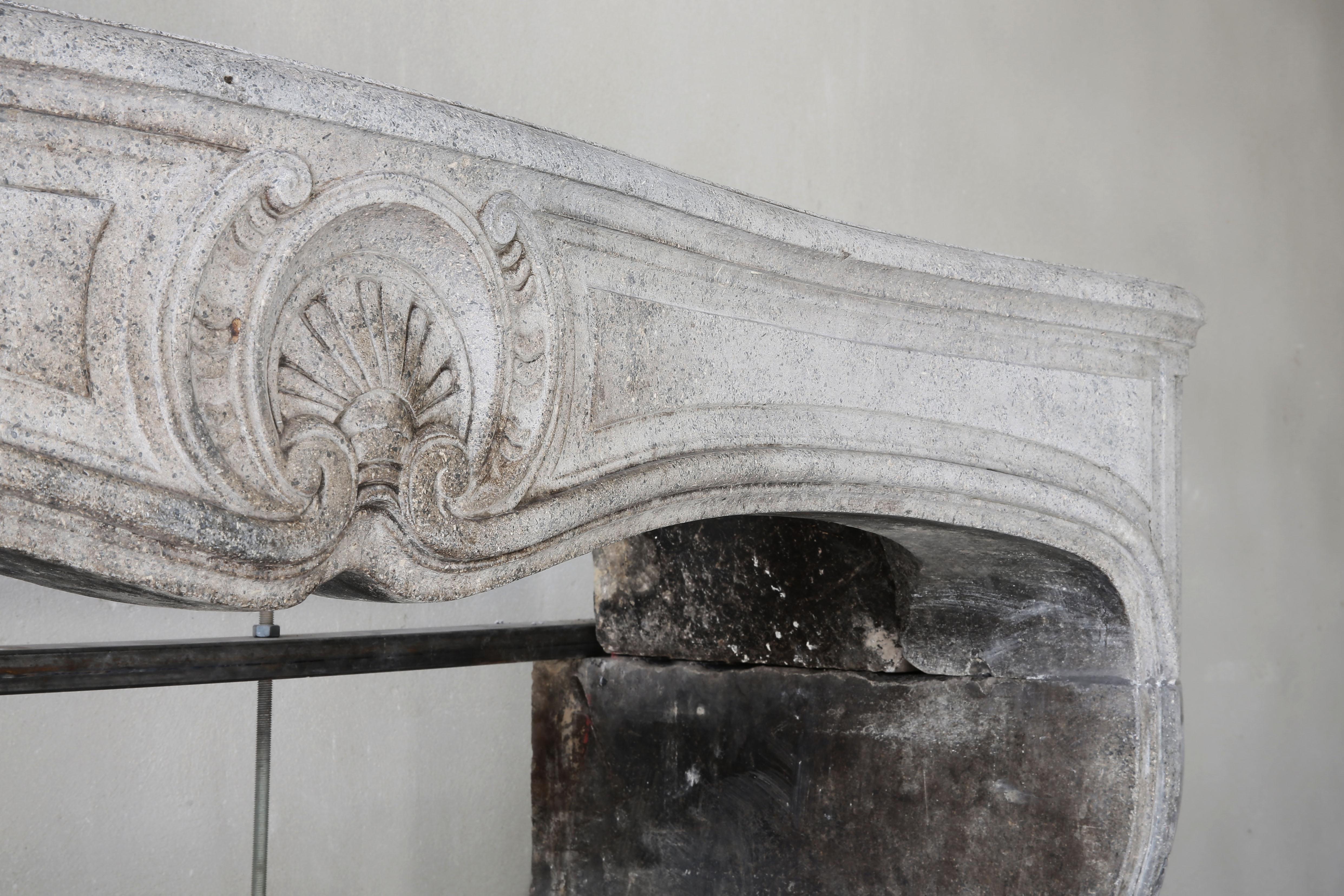 French Antique Fireplace of Grey Marble Stone, 19th Century, Louis XV