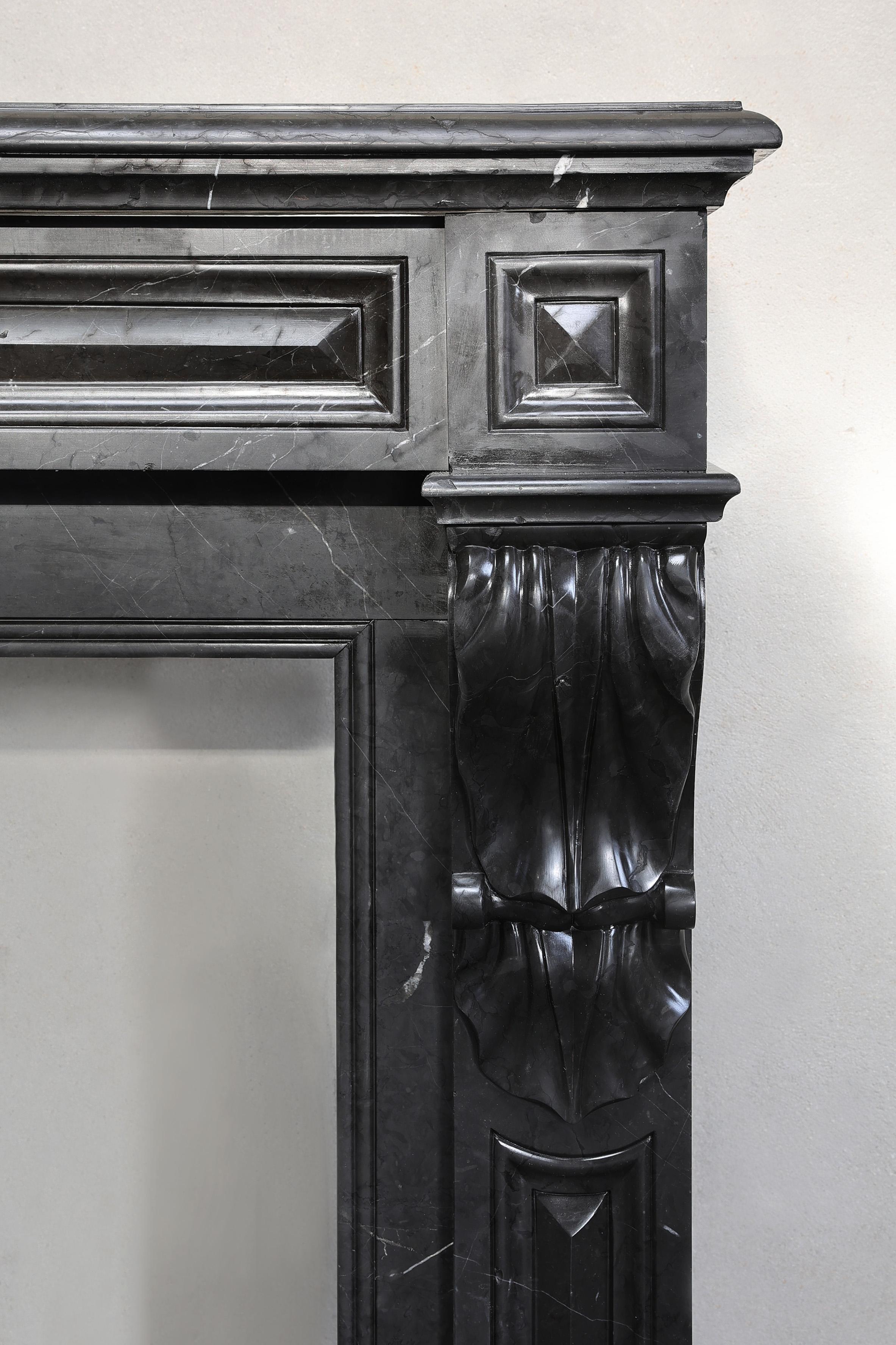 19th Century antique fireplace of Nero Marquina marble in style of Louis XVI For Sale
