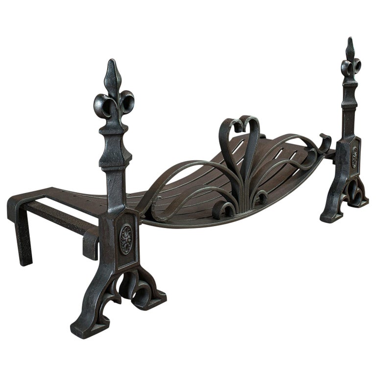 Antique Fireplace Set, English, Fire Grate, Andirons, Art Nouveau