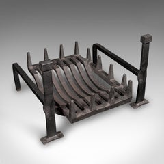 Antique Fireplace Set, English, Iron, Fire Basket, Pair of Andirons, Edwardian