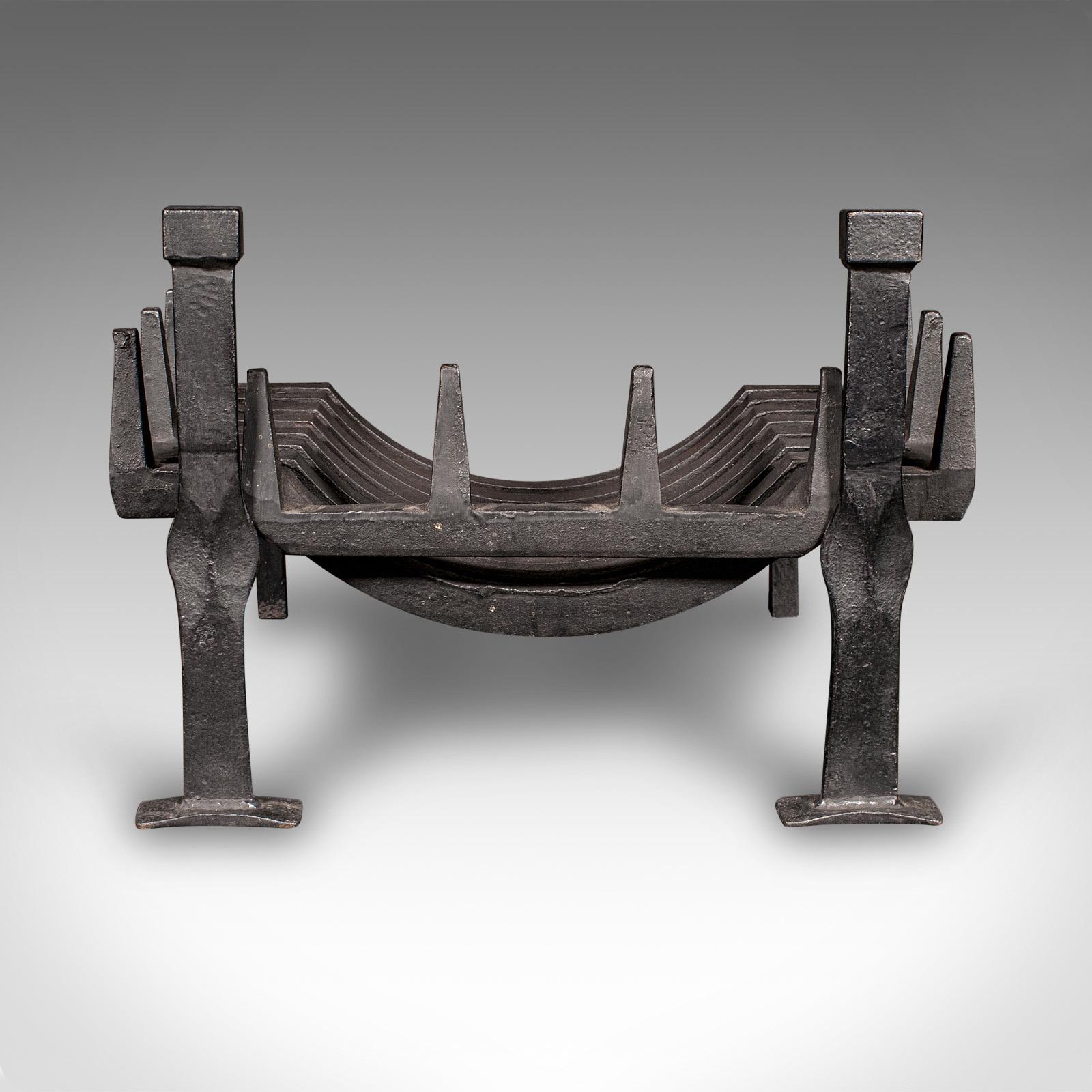 British Antique Fireplace Set, English, Iron, Fire Basket, Pair of Andirons, Edwardian For Sale