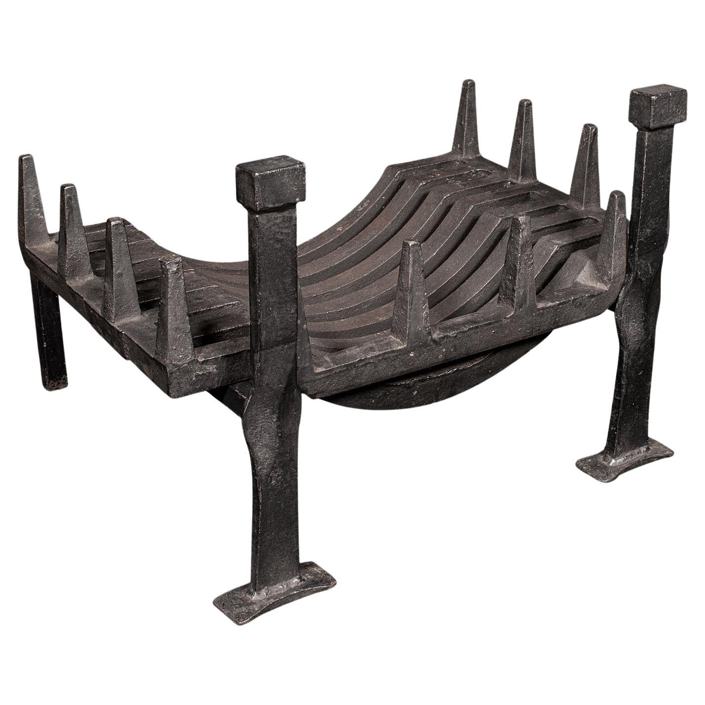 Antique Fireplace Set, English, Iron, Fire Basket, Pair of Andirons, Edwardian For Sale