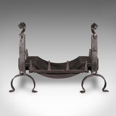 Antique Fireplace Set, English, Wrought Iron, Fire Basket, Andirons, Victorian