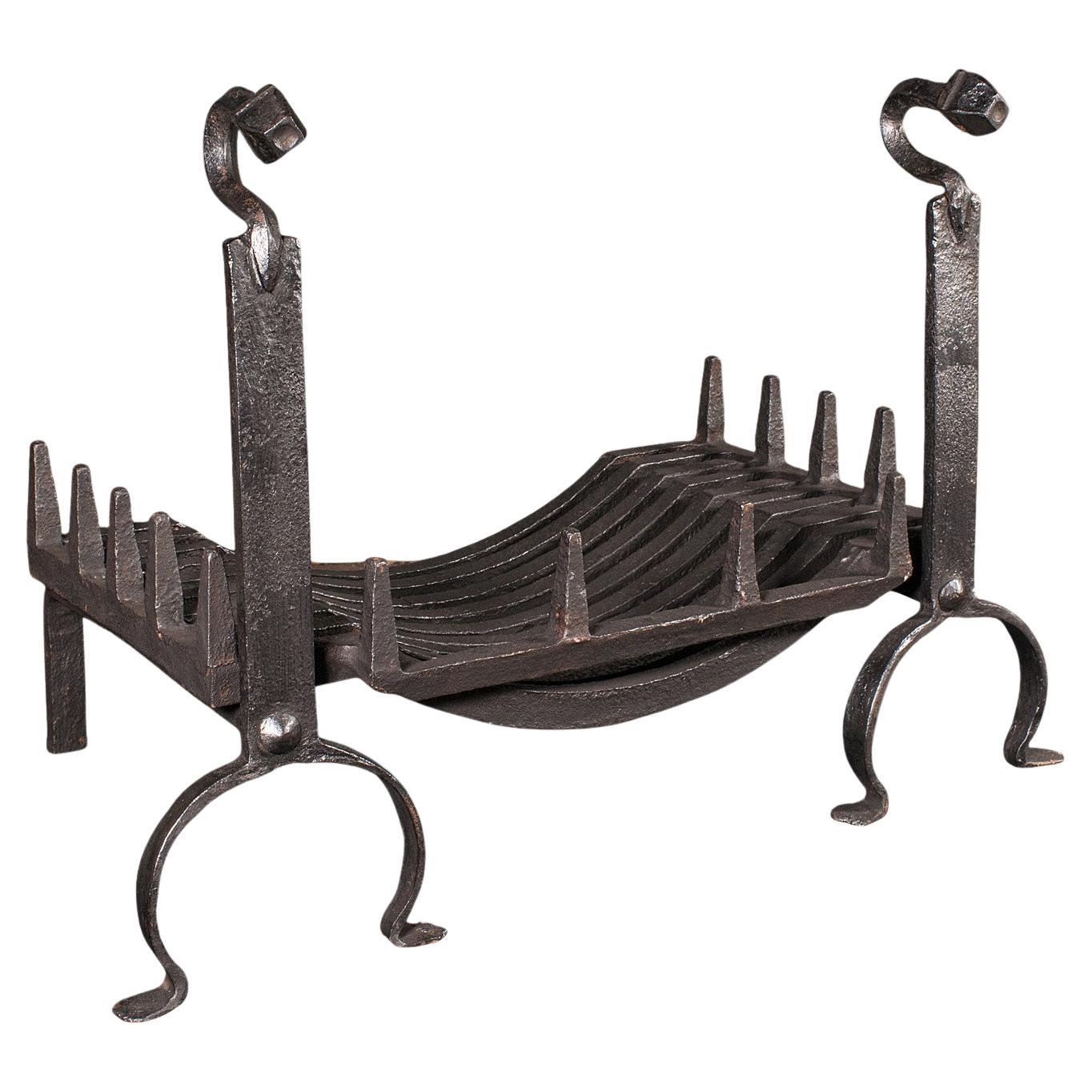 Antique Fireplace Set, English, Wrought Iron, Fire Basket, Andirons, Victorian
