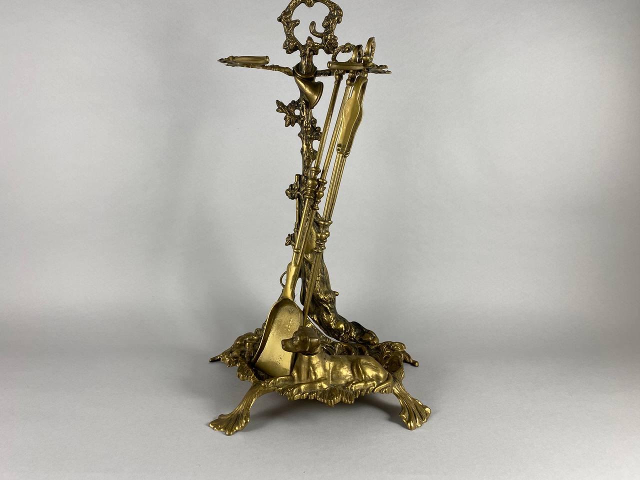 Antique Fireplace Set “Hunting” in Gilt Bronze, France, 1950s For Sale 1