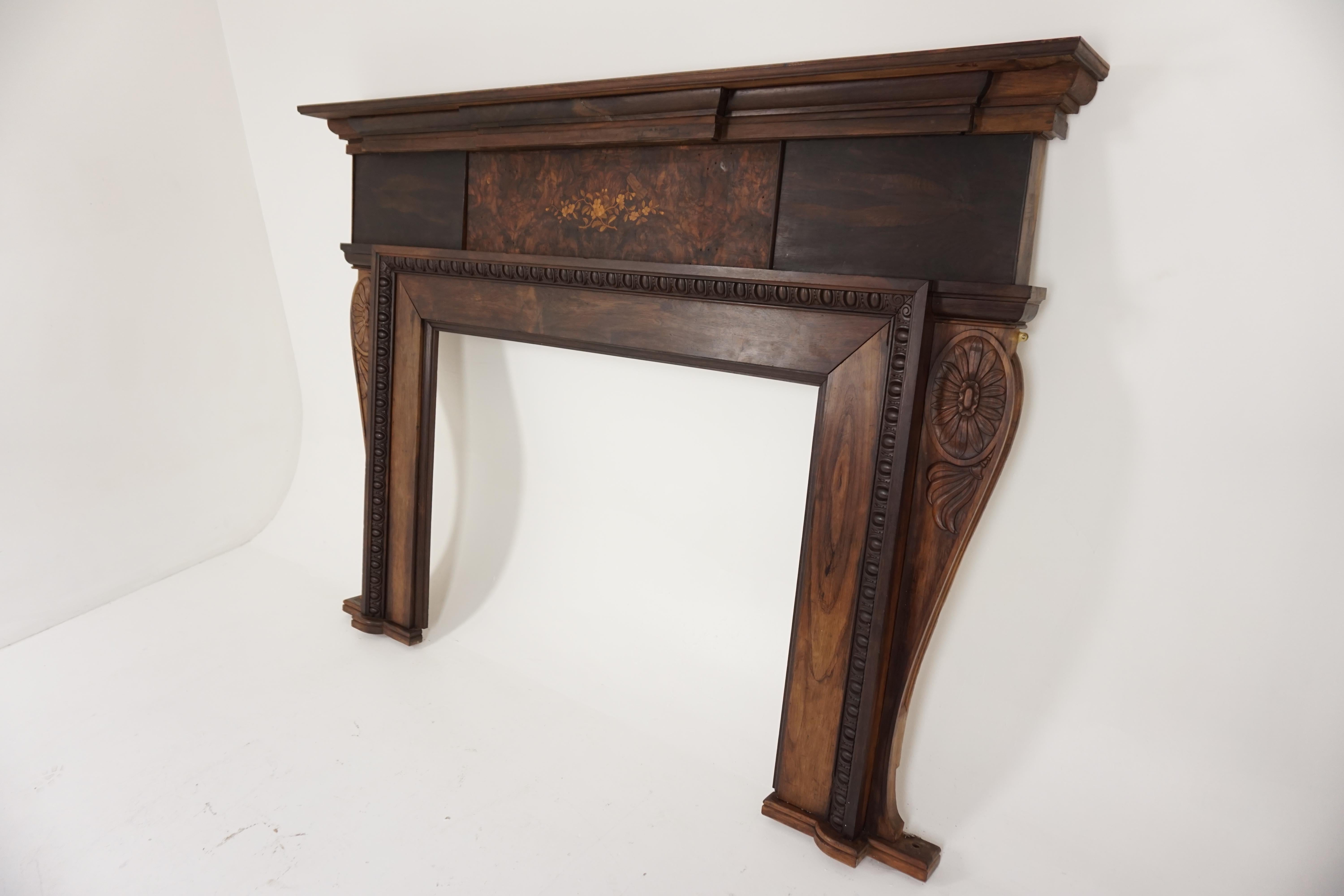 Antique fireplace surround, Victorian, walnut inlaid mantle, Scotland 1880, B1830

Scotland, 1880
Walnut veneer
Original finish
Mantle shelf on top
Paneled frieze with inlaid flowers
Shaped upright with carving to the top
Carved egg and dart