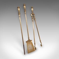 Antique Fireplace Tool Suite, English, Brass, Shovel, Poker, Tongs, Victorian