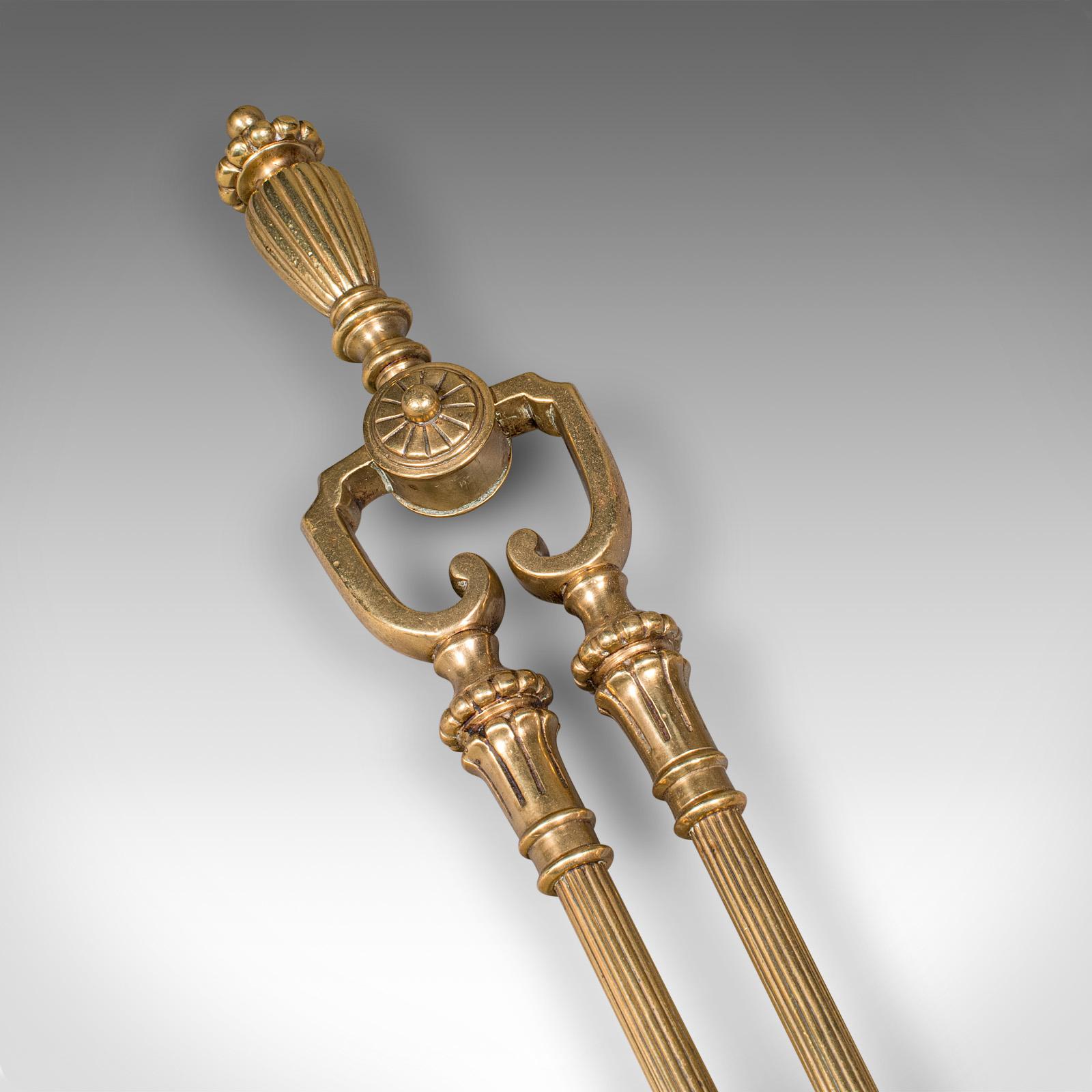 Late 19th Century Antique Fireplace Tool Suite, English, Brass, Shovel, Poker, Tongs, Victorian For Sale
