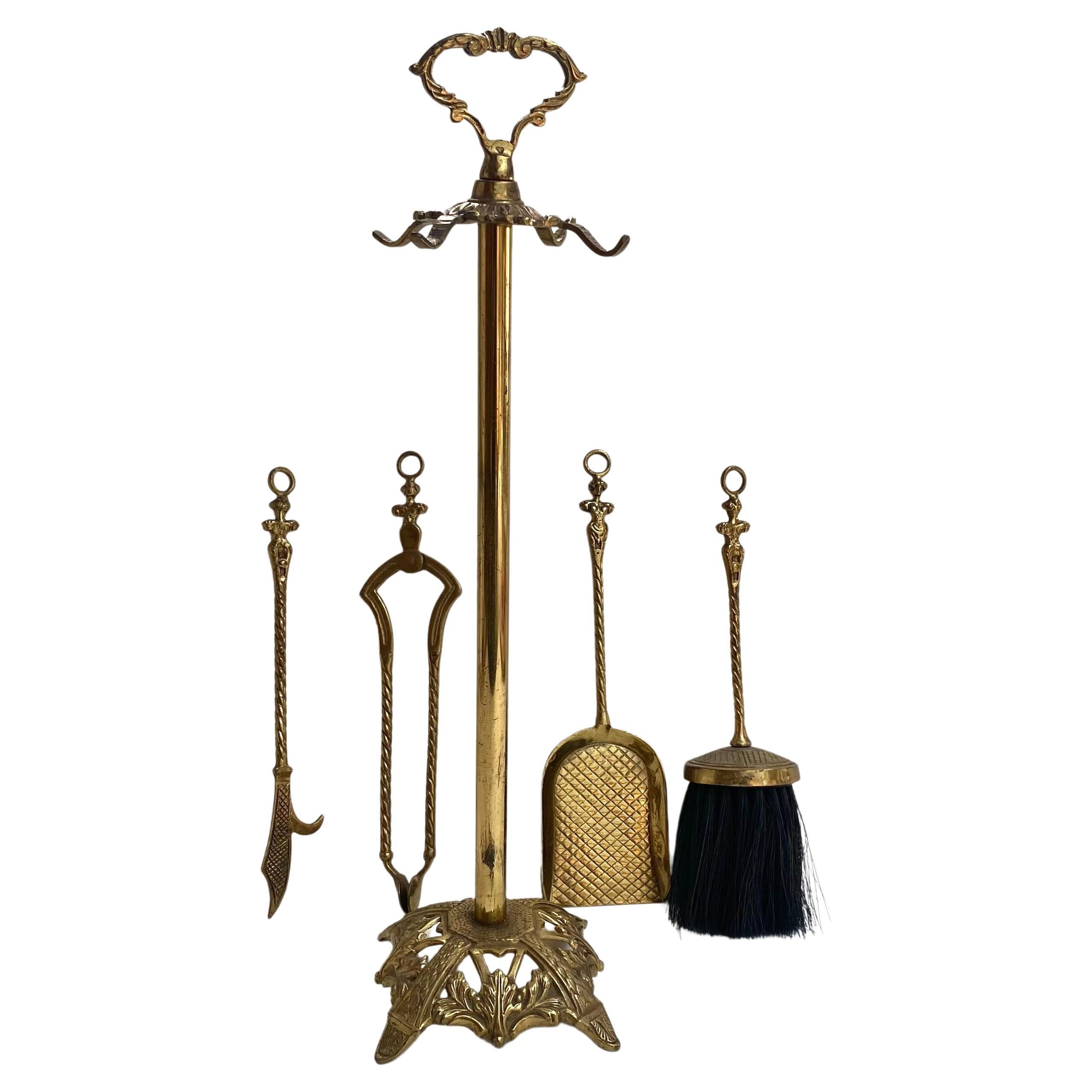 Antique Fireplace Tools Set of 4-Piece Bronze Brass Accessories