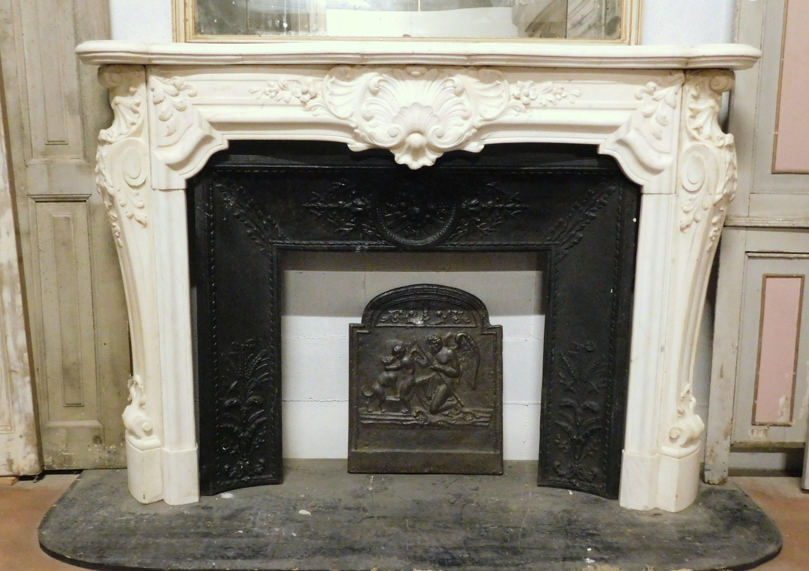 Italian Antique Fireplace White Statuary Marble of Carrara, Richly Carved, 1800, Italy For Sale