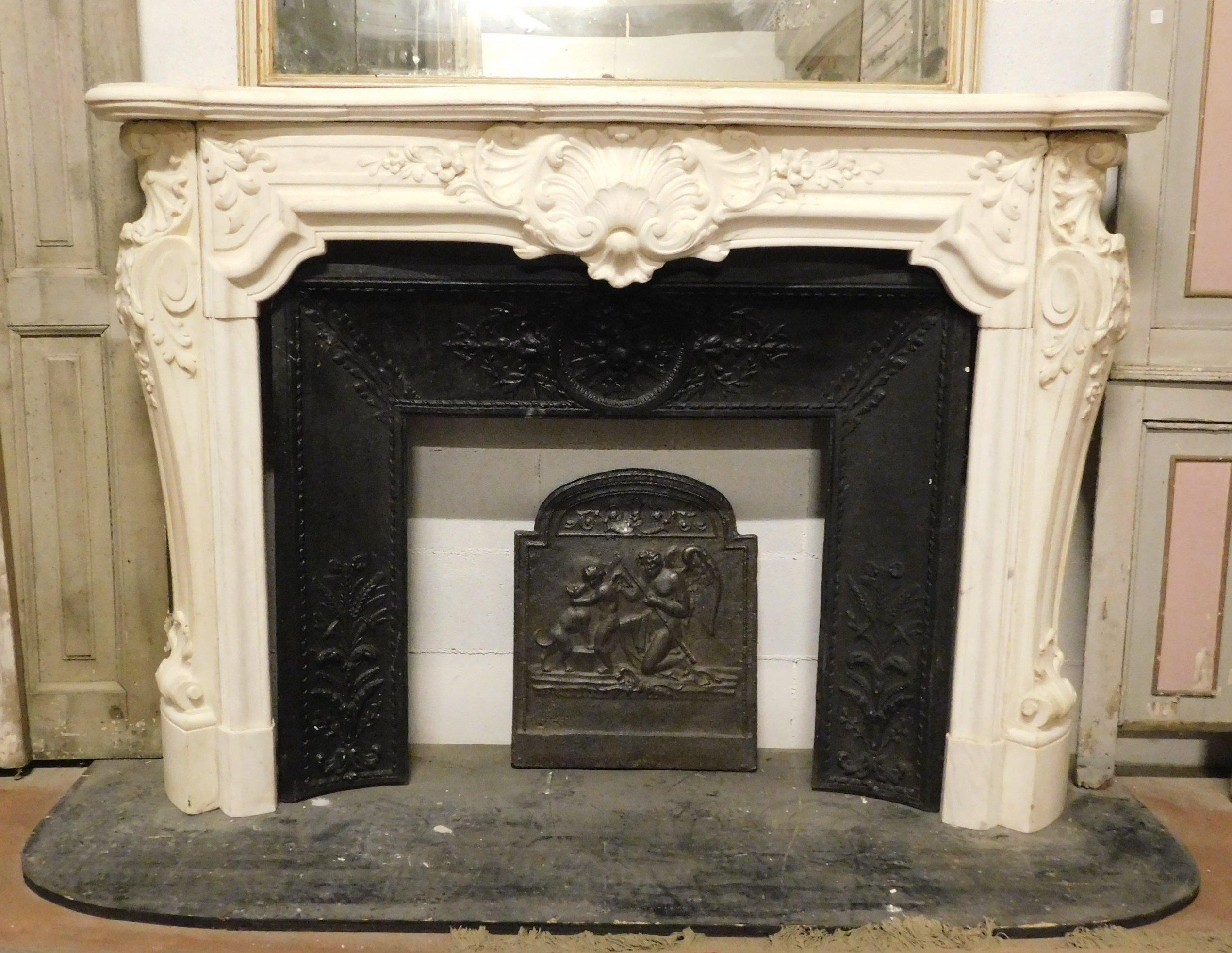 Hand-Carved Antique Fireplace White Statuary Marble of Carrara, Richly Carved, 1800, Italy For Sale