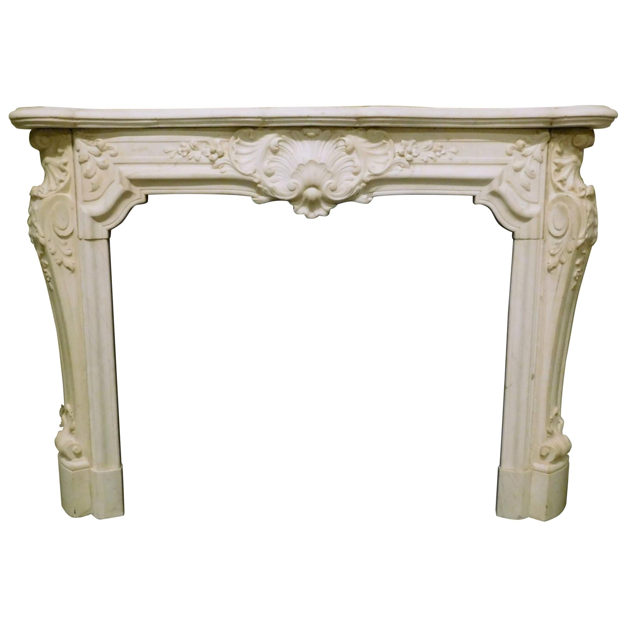 Antique Fireplace White Statuary Marble of Carrara, Richly Carved, 1800, Italy