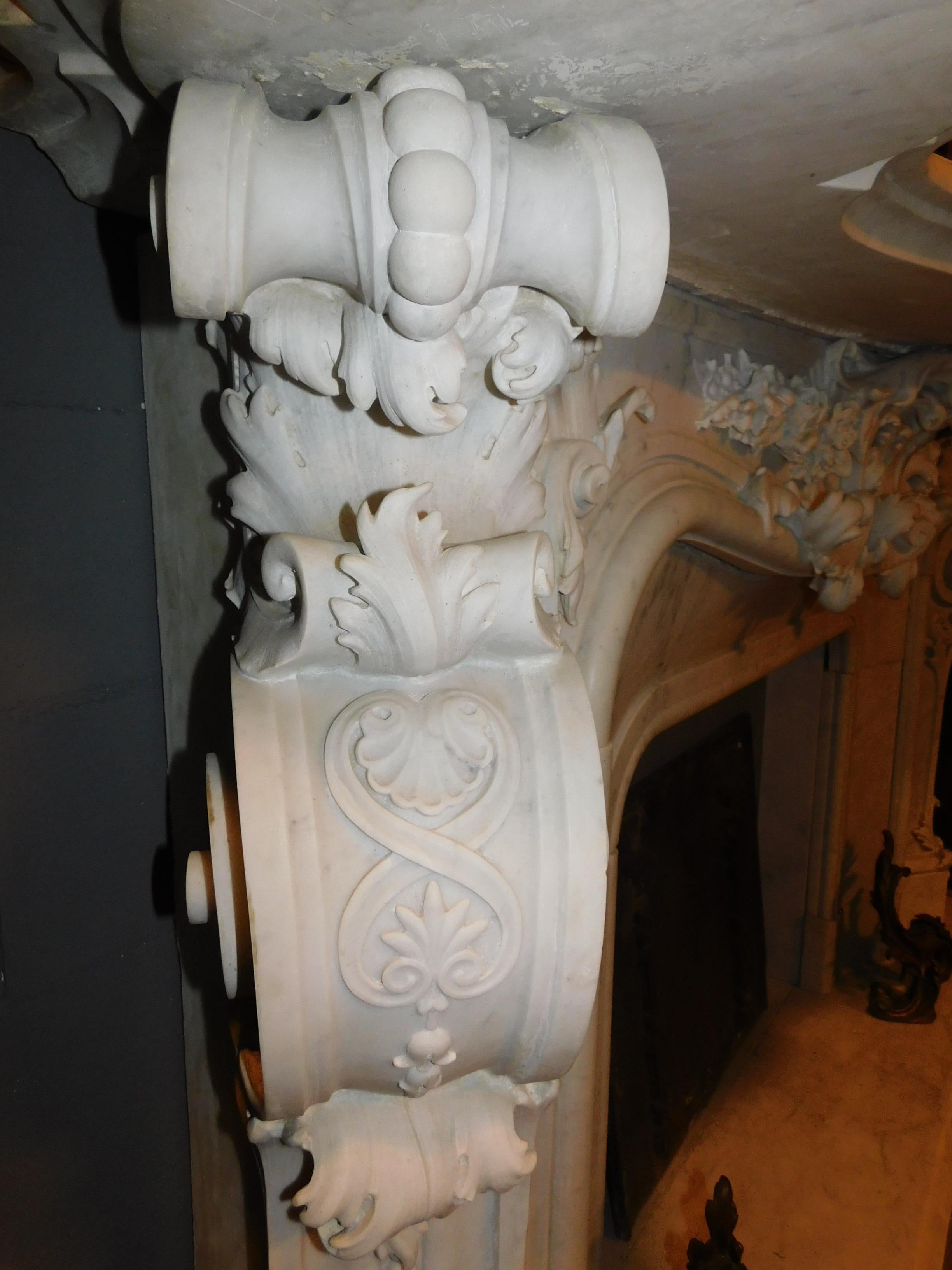 Mirror Antique Fireplace White Statuary Marble, Very Rich Sculpture, Complete, 1860 For Sale