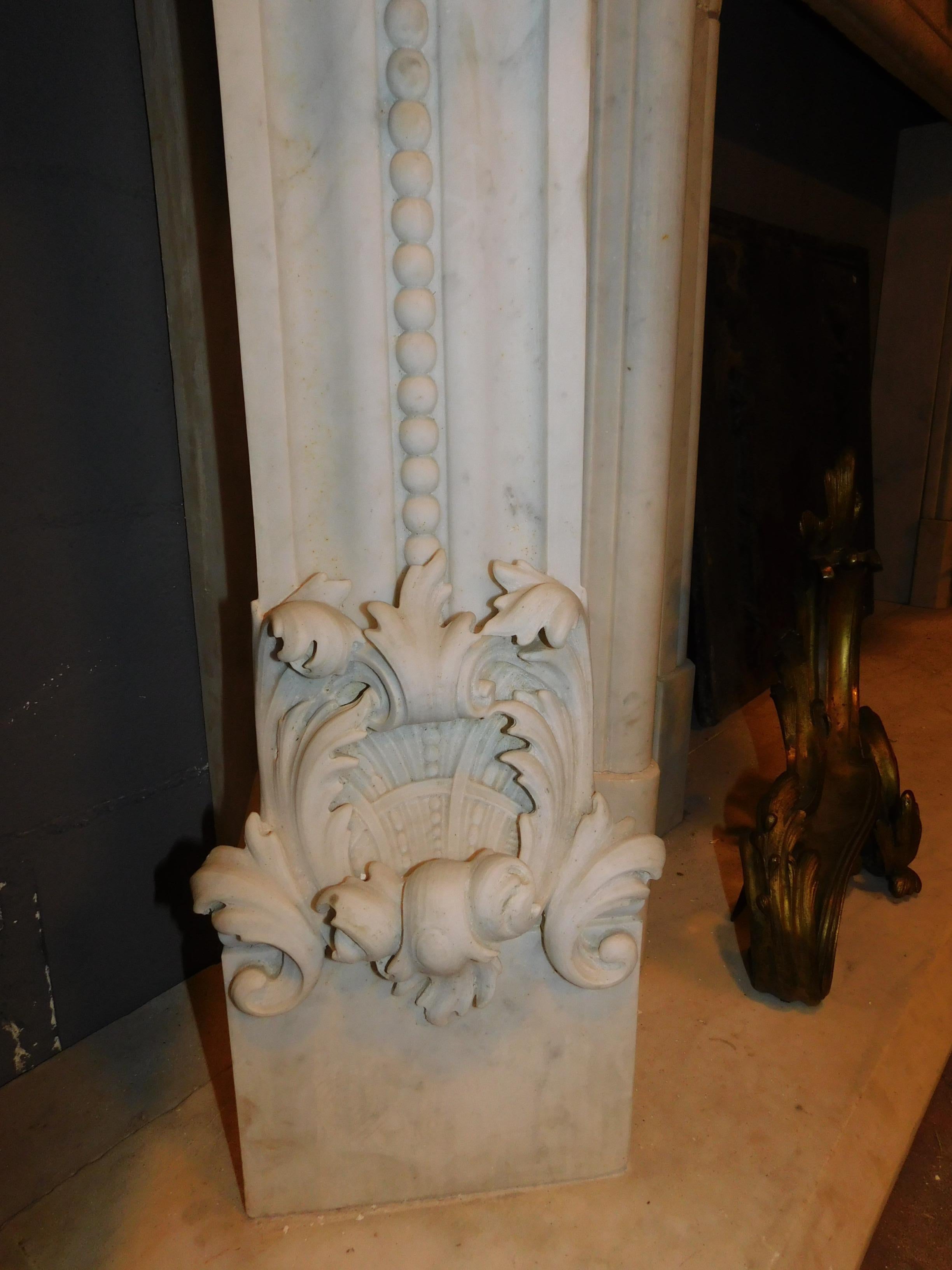 Antique Fireplace White Statuary Marble, Very Rich Sculpture, Complete, 1860 For Sale 1