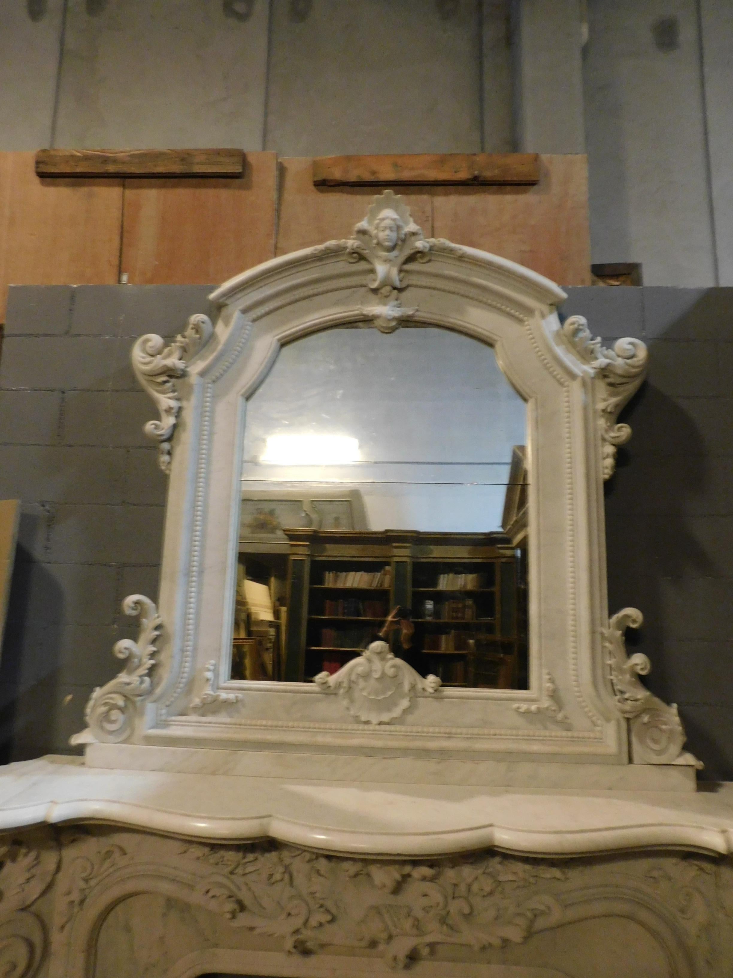Antique Fireplace White Statuary Marble, Very Rich Sculpture, Complete, 1860 For Sale 2