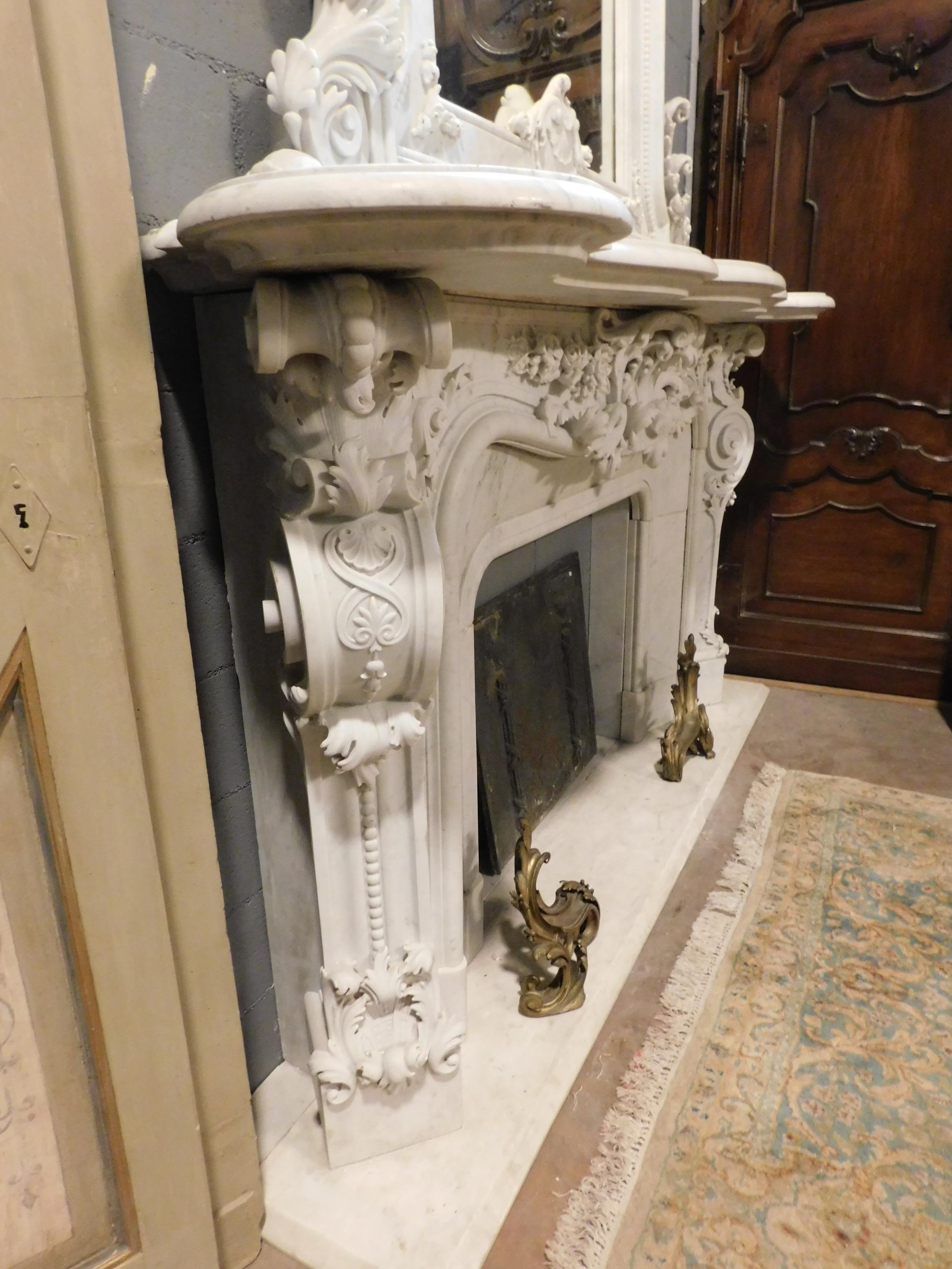 Antique Fireplace White Statuary Marble, Very Rich Sculpture, Complete, 1860 For Sale 3