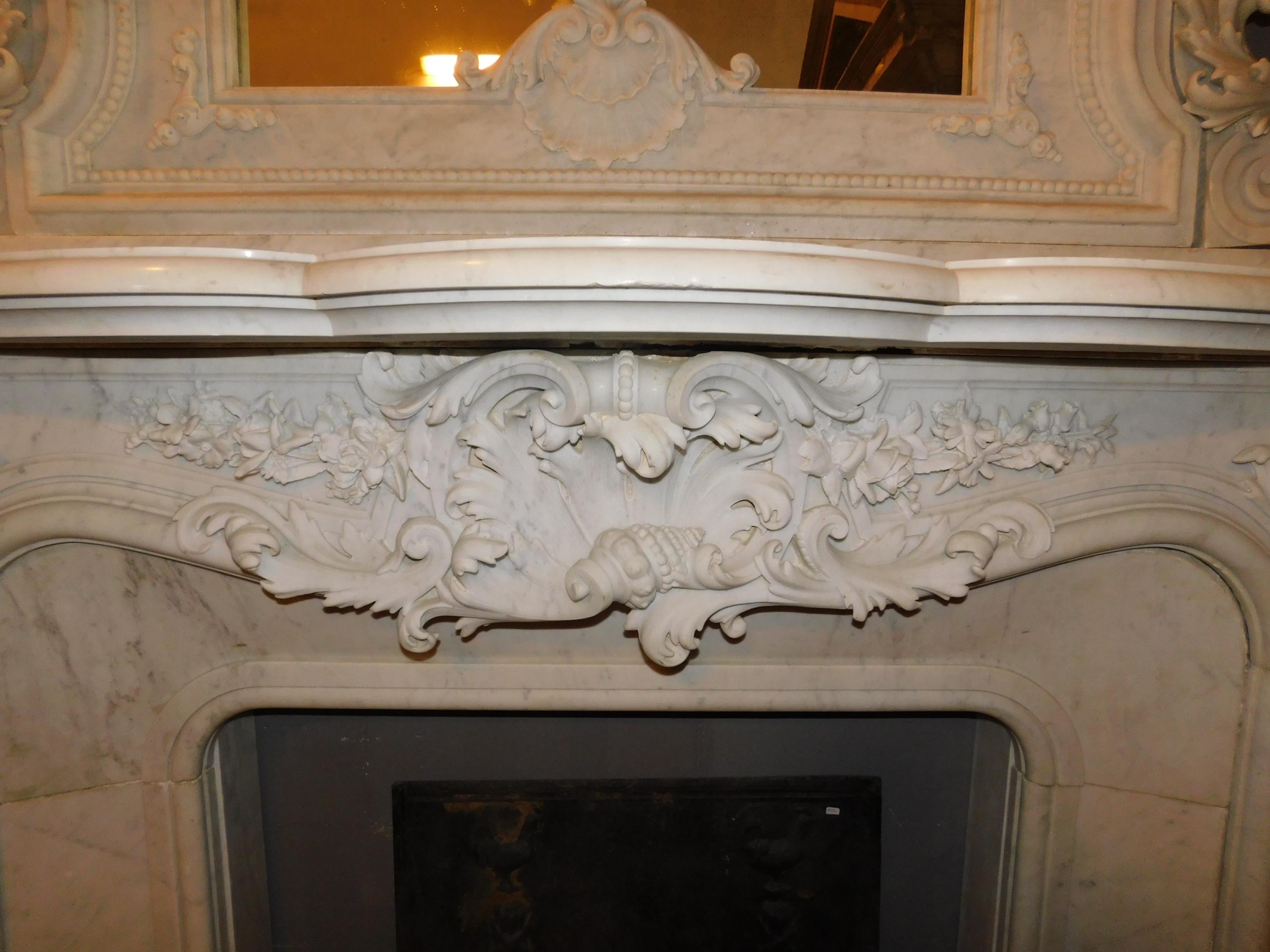 Antique Fireplace White Statuary Marble, Very Rich Sculpture, Complete, 1860 For Sale 7