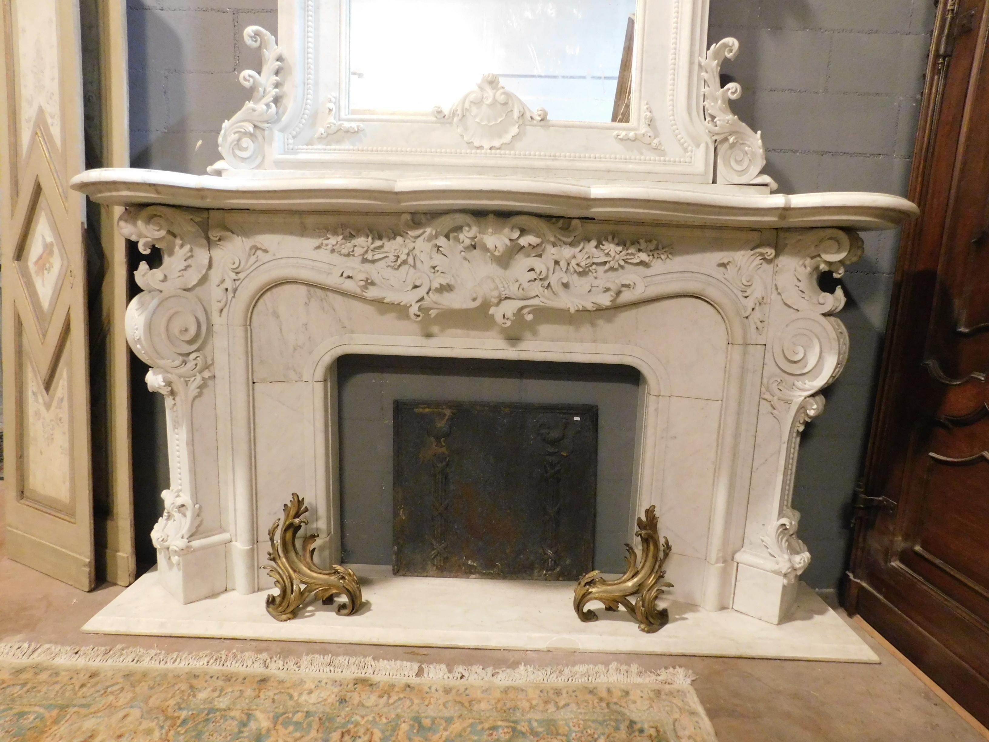 Italian Antique Fireplace White Statuary Marble, Very Rich Sculpture, Complete, 1860 For Sale