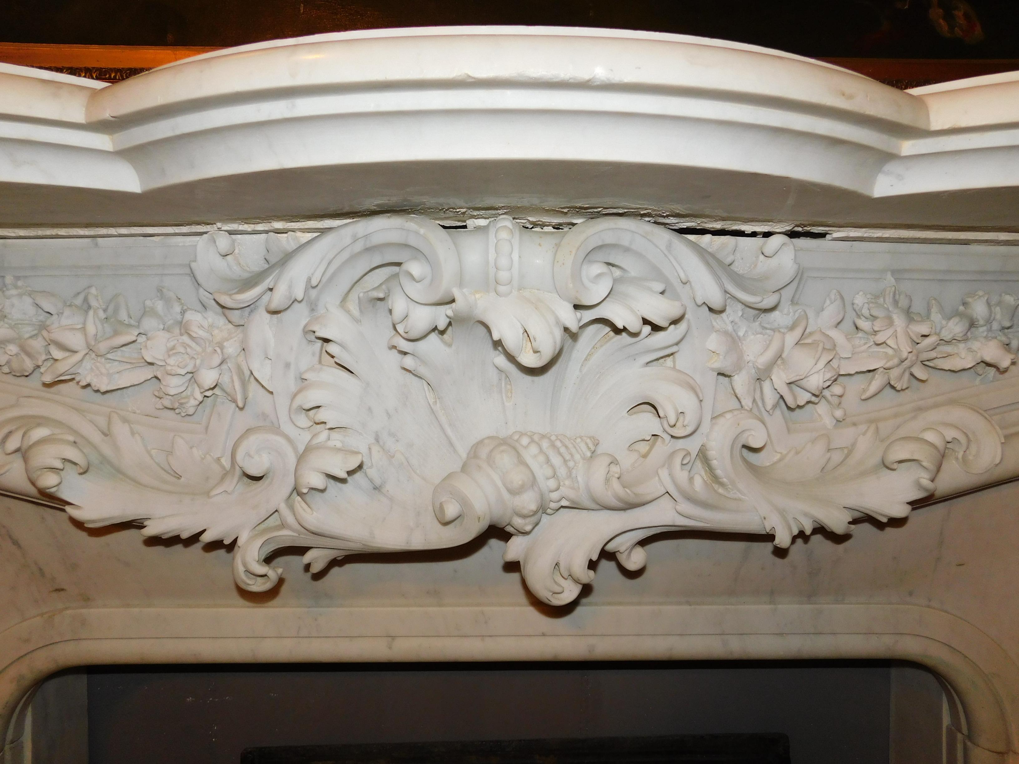 Hand-Carved Antique Fireplace White Statuary Marble, Very Rich Sculpture, Complete, 1860 For Sale