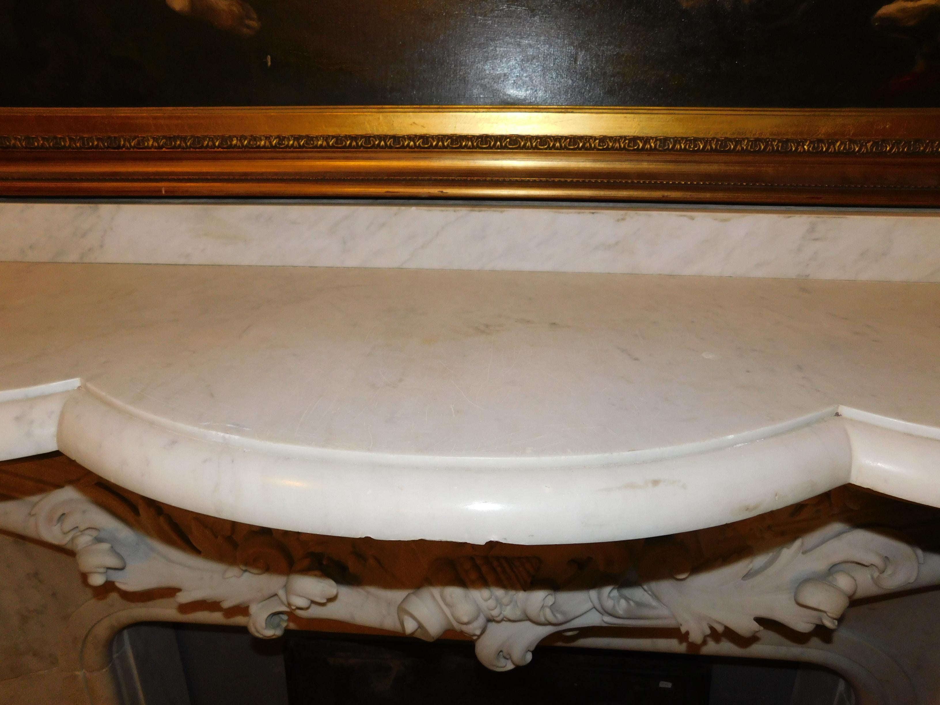19th Century Antique Fireplace White Statuary Marble, Very Rich Sculpture, Complete, 1860 For Sale