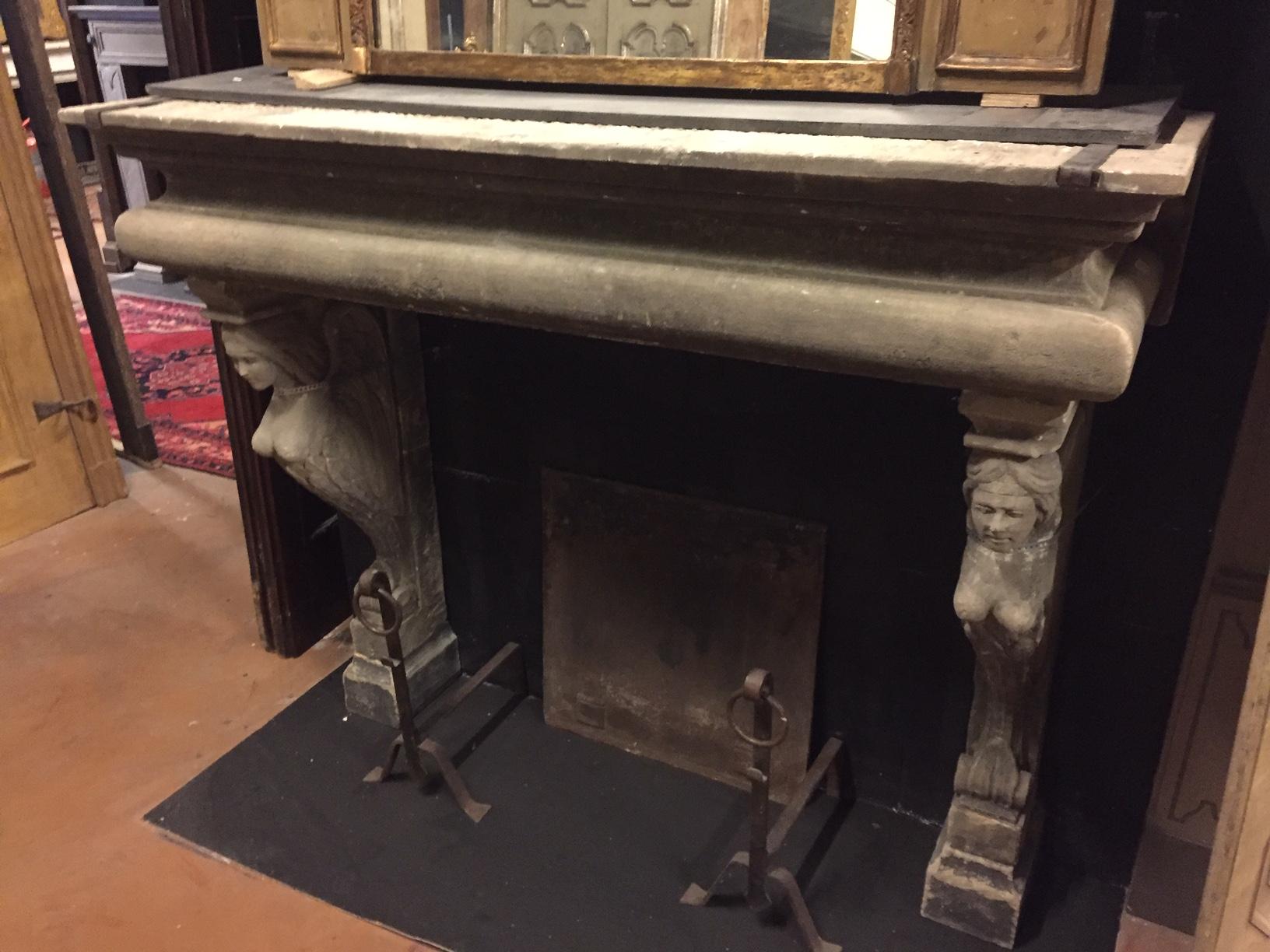 Italian Antique Fireplace with Caryatids