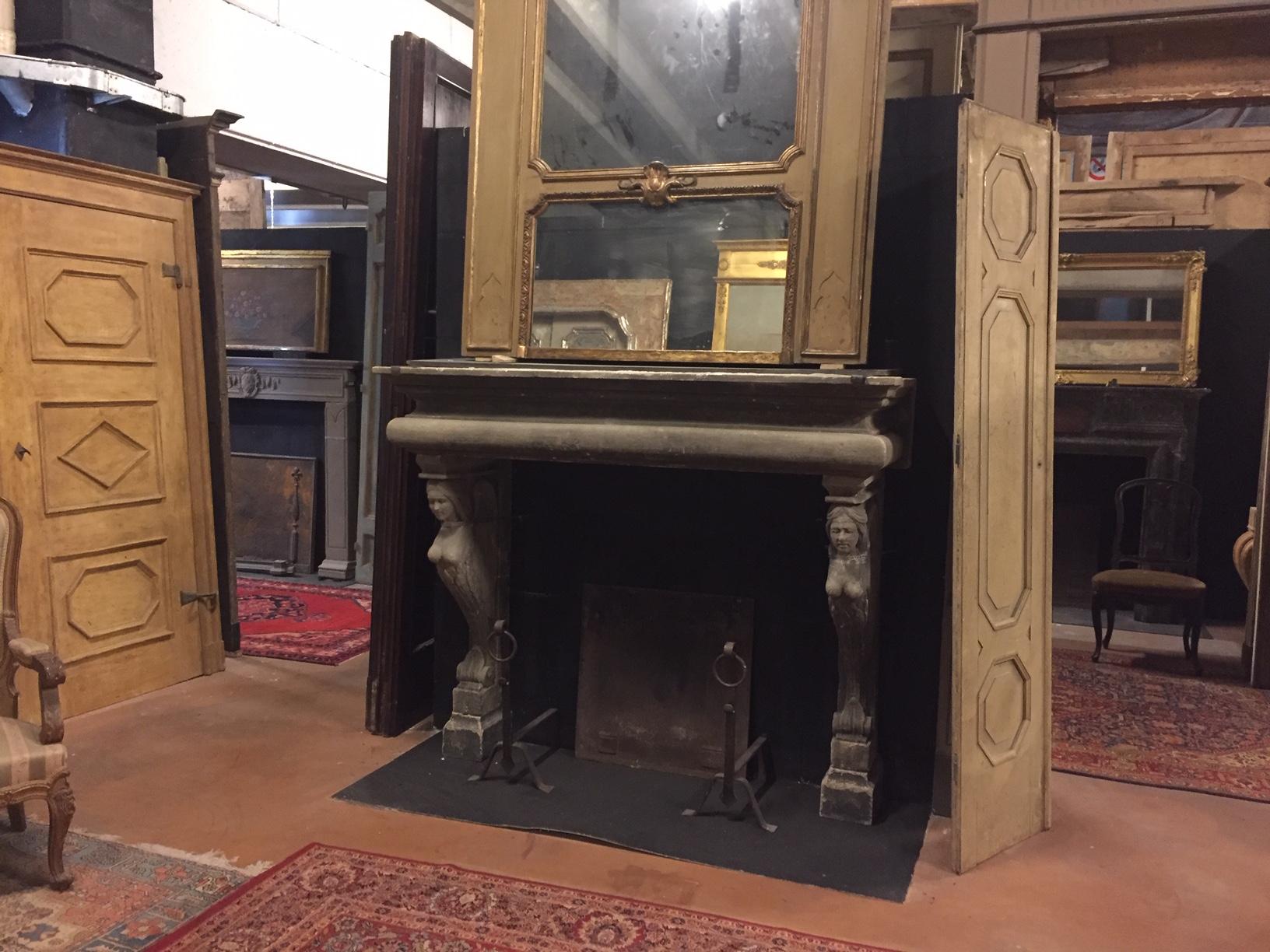 Hand-Carved Antique Fireplace with Caryatids