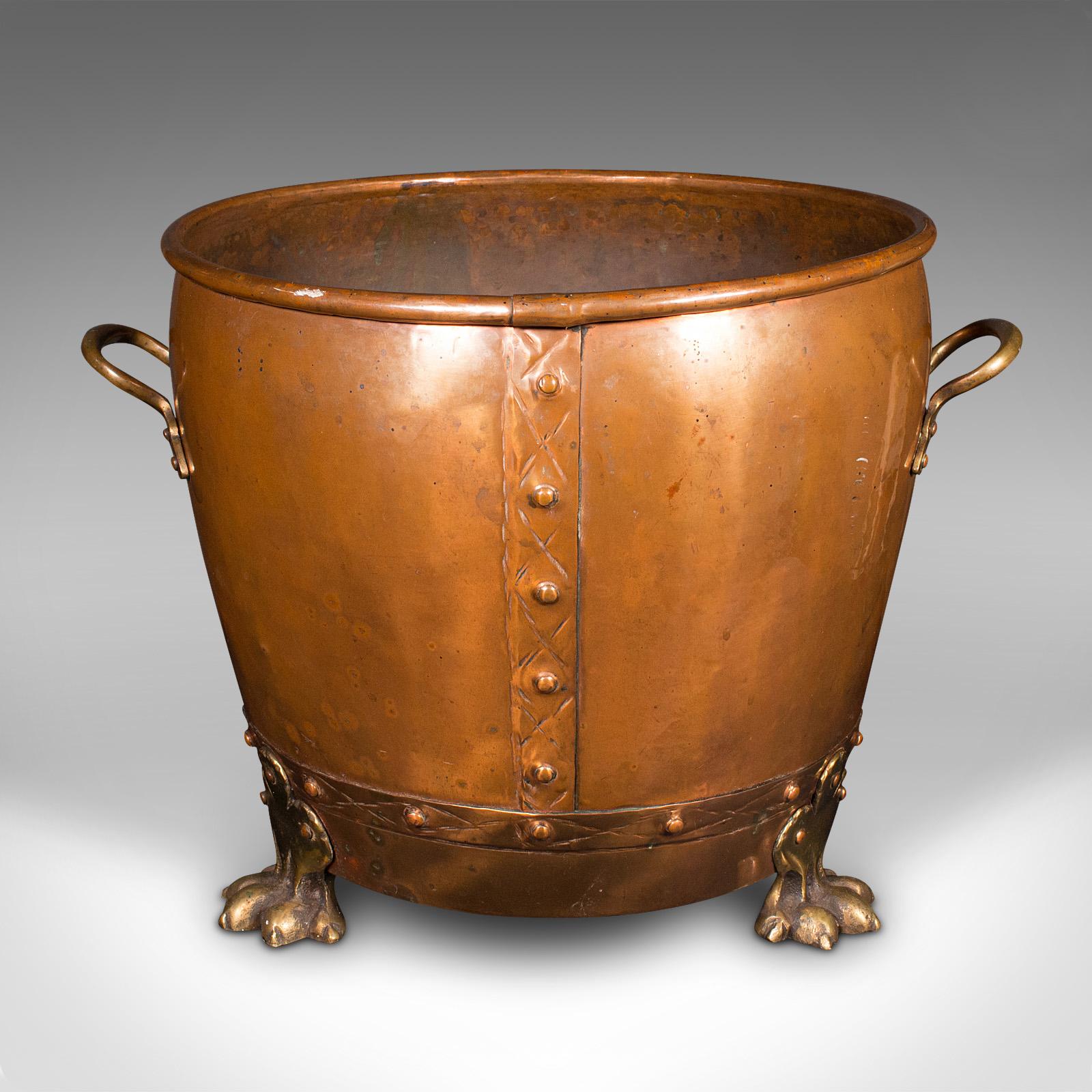 British Antique Fireside Bin, English Copper, Brass, Coal, Log Bucket, Victorian, C.1880