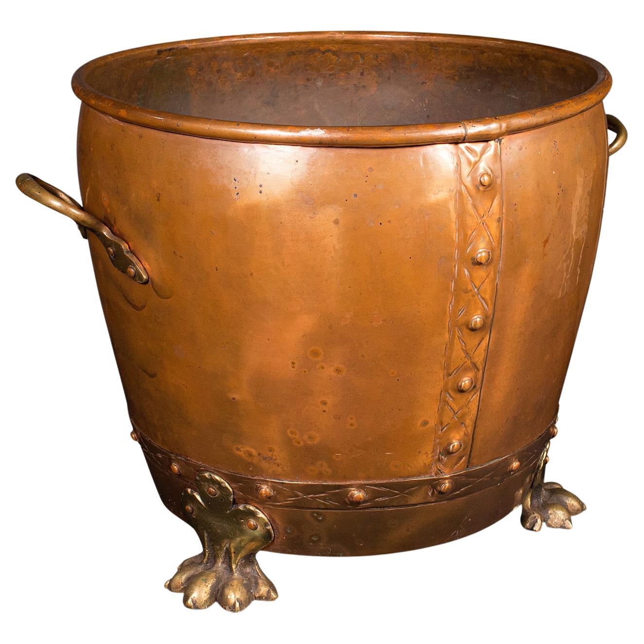 Antique Fireside Bin, English Copper, Brass, Coal, Log Bucket, Victorian, C.1880