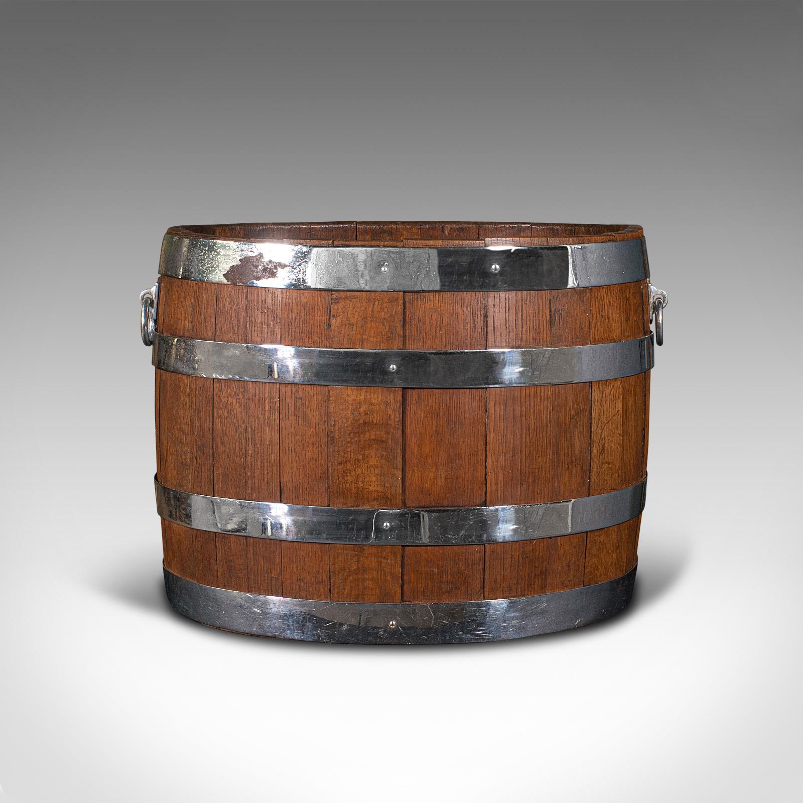 British Antique Fireside Bin, English, Oak, Coopered Barrel, Log, Coal, Victorian, 1850 For Sale