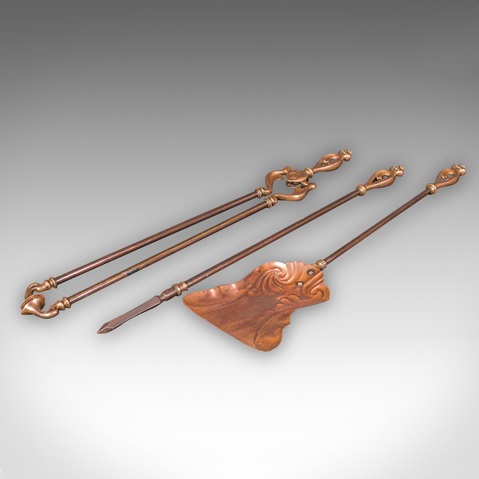 Antique Fireside Companion Set, French Bronze Fire Tools, Art Nouveau, Victorian For Sale 2