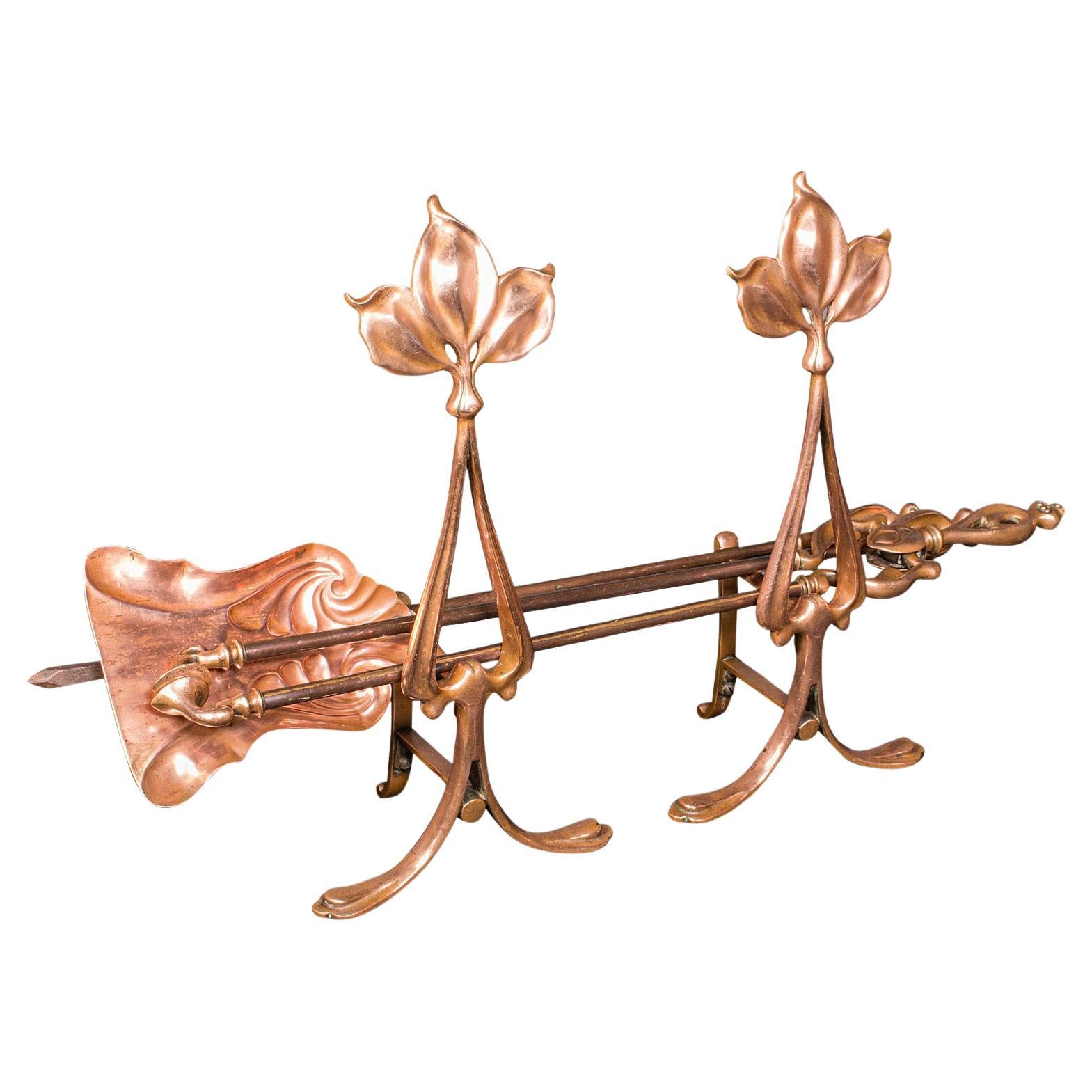 Antique Fireside Companion Set, French Bronze Fire Tools, Art Nouveau, Victorian For Sale