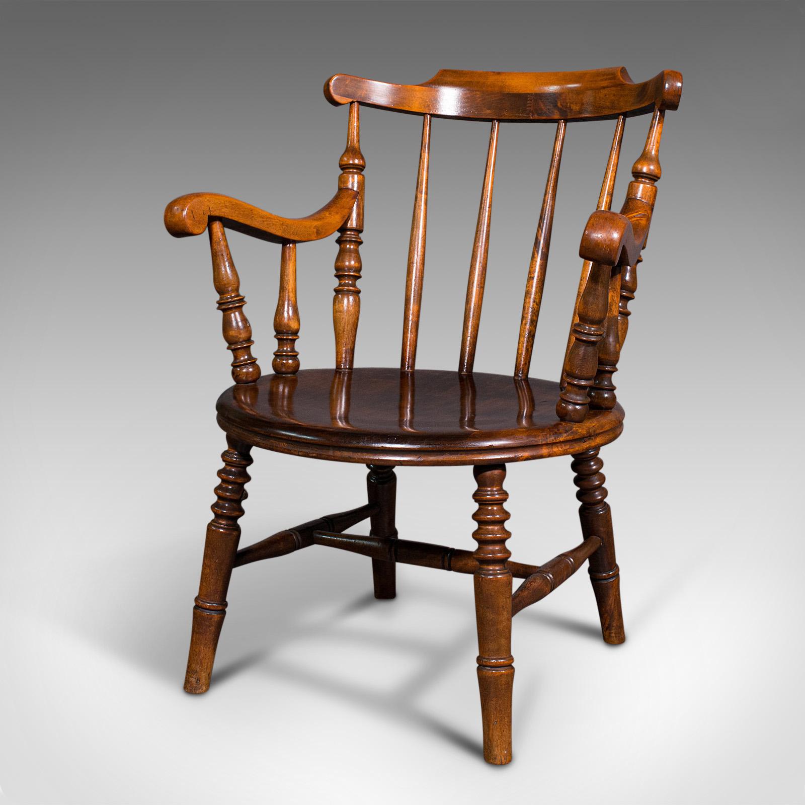 British Antique Fireside Elbow Chair, English, Beech, Occasional Seat, Victorian, C.1890 For Sale