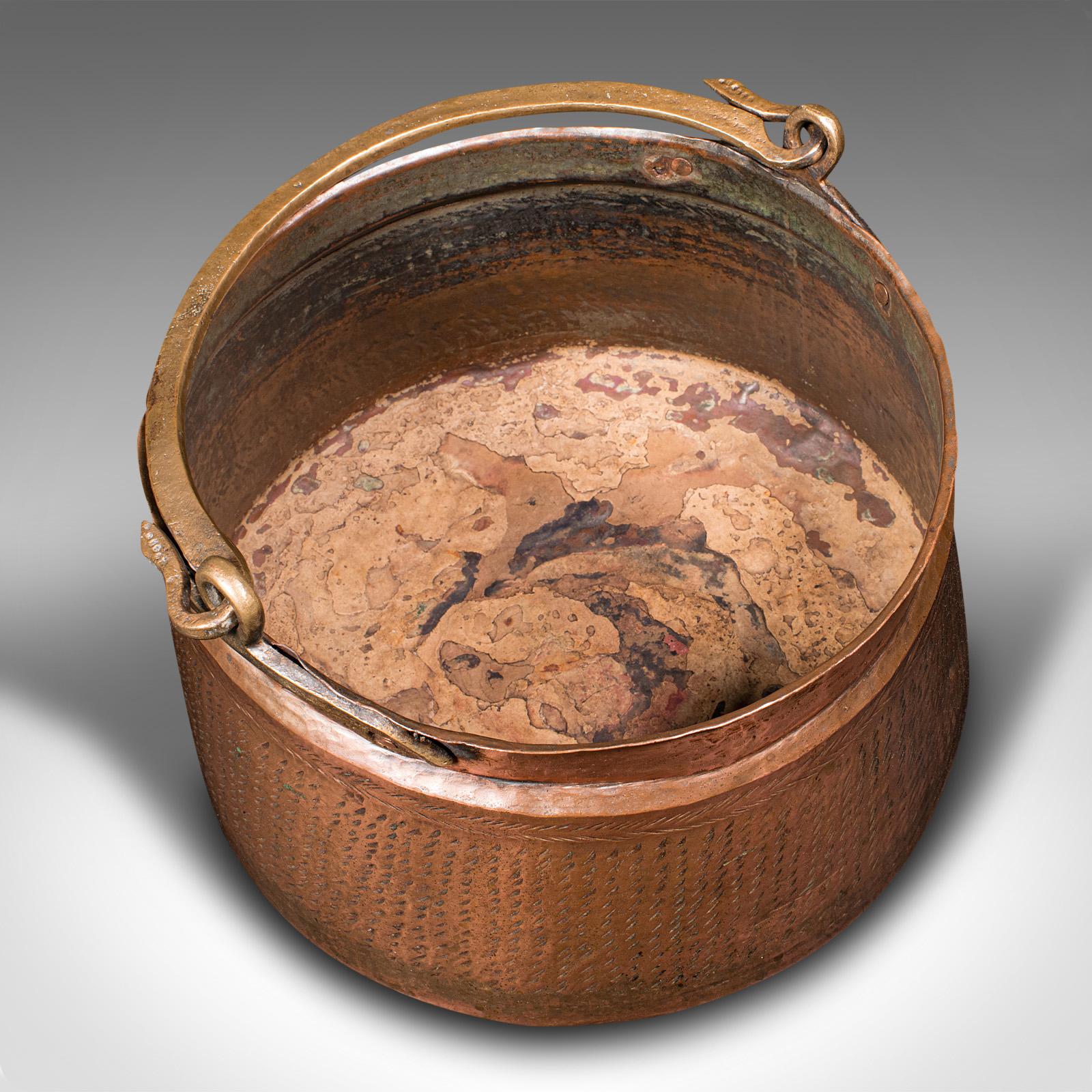 19th Century Antique Fireside Fuel Basket, Indian, Copper, Bronze, Pan, Coal, Logs, Victorian For Sale