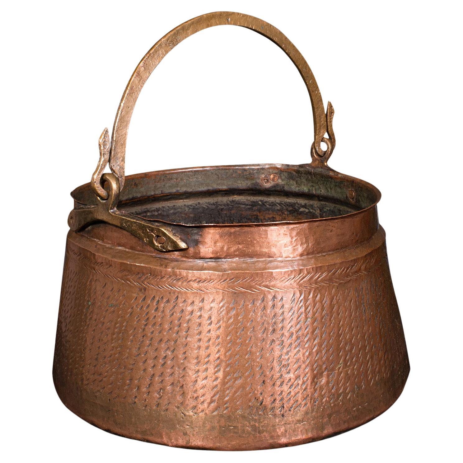 Antique Fireside Fuel Basket, Indian, Copper, Bronze, Pan, Coal, Logs, Victorian For Sale
