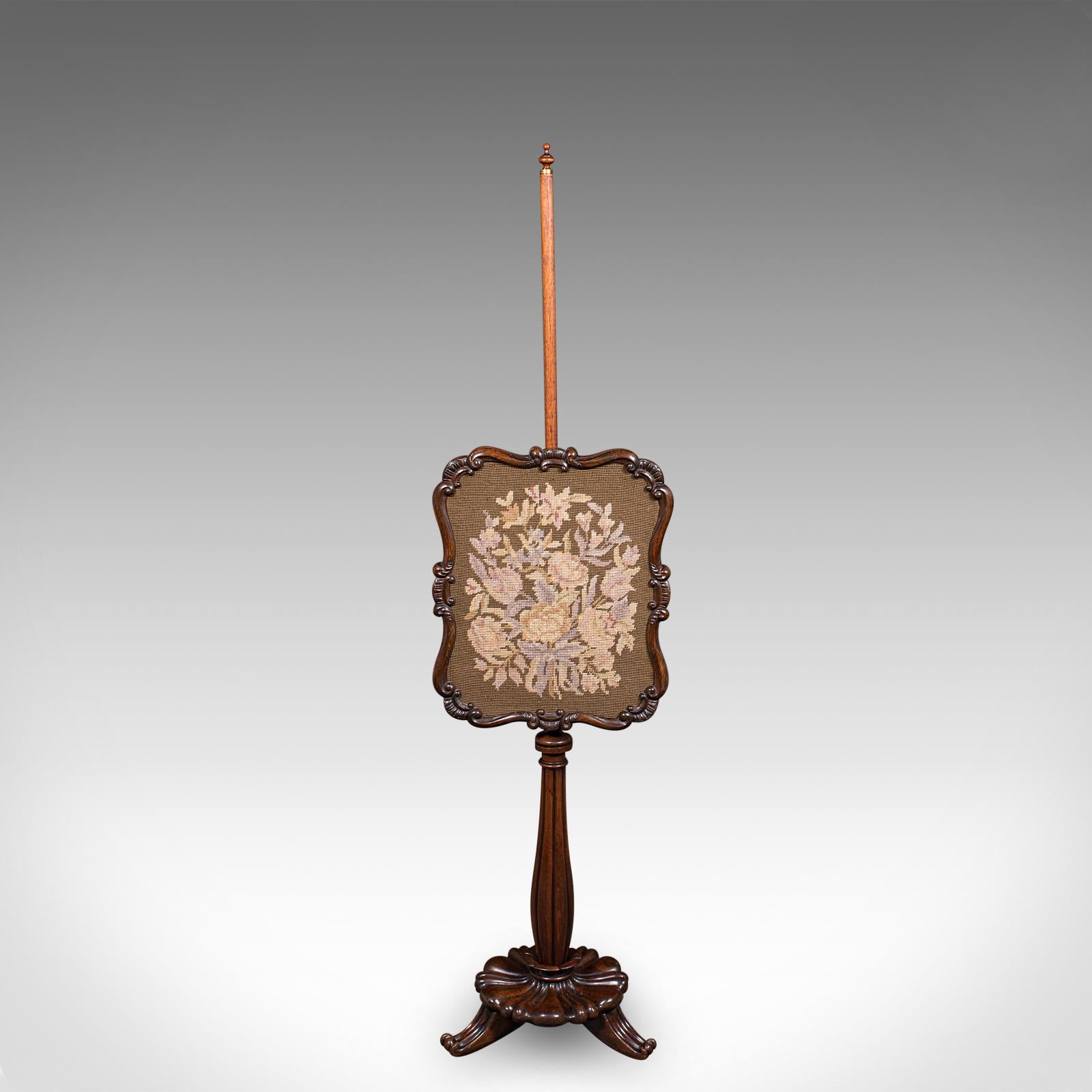 British Antique Fireside Pole Screen, English, Needlepoint, Adjustable, William IV, 1835 For Sale
